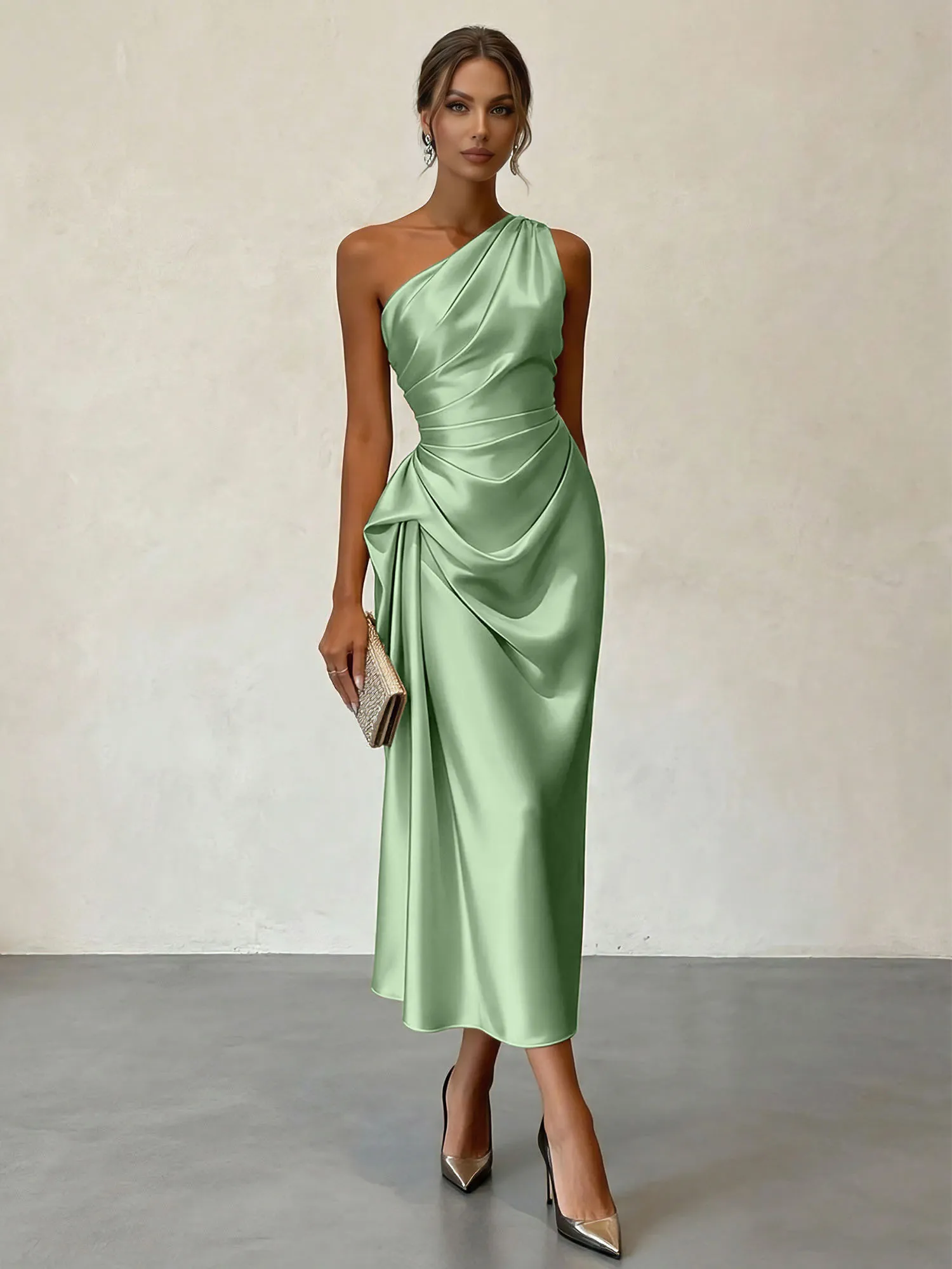 One-Shoulder Ruched Satin Midi Evening Dress with Draped Detail