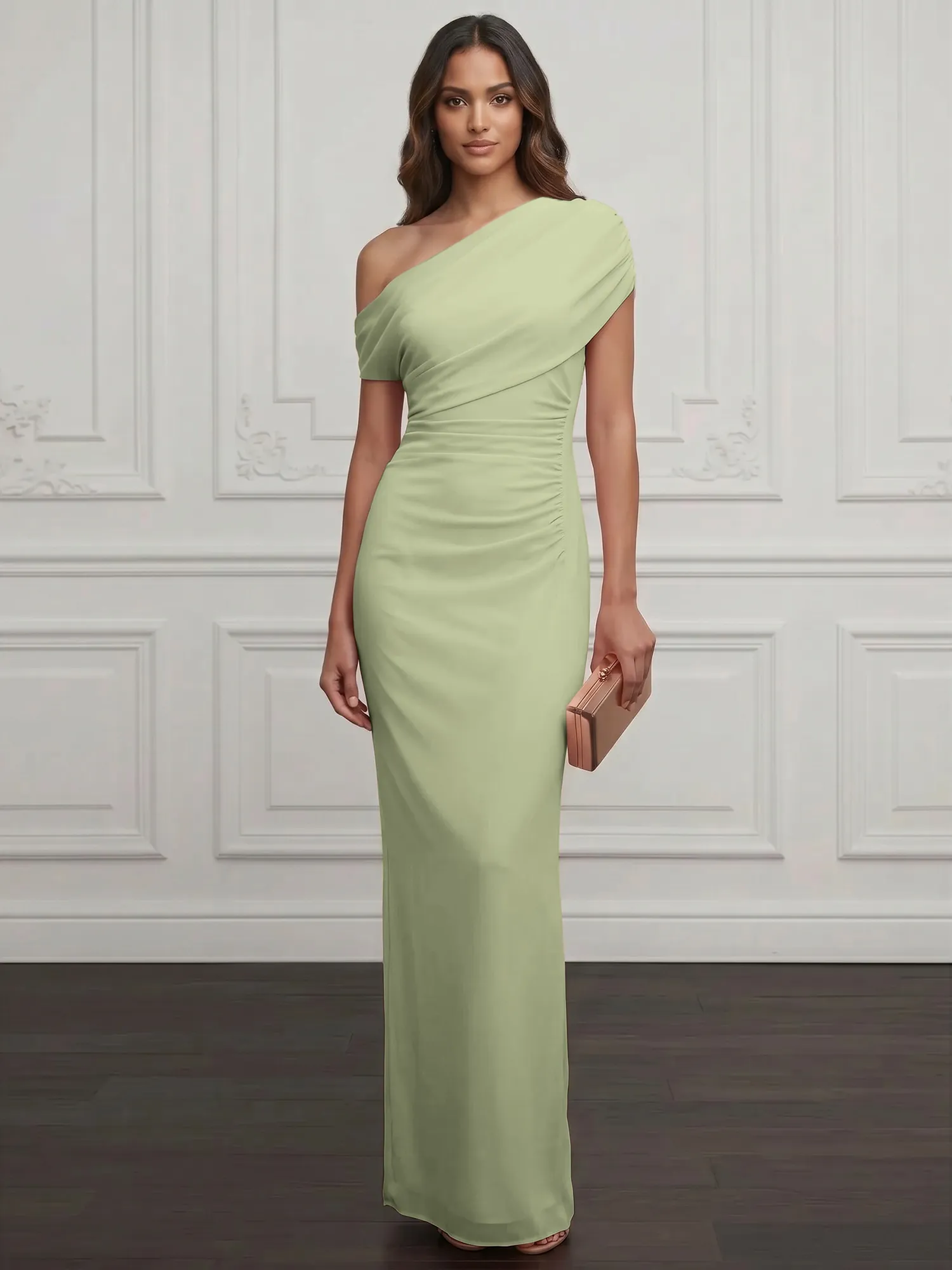 One-Shoulder Draped Chiffon Evening Gown