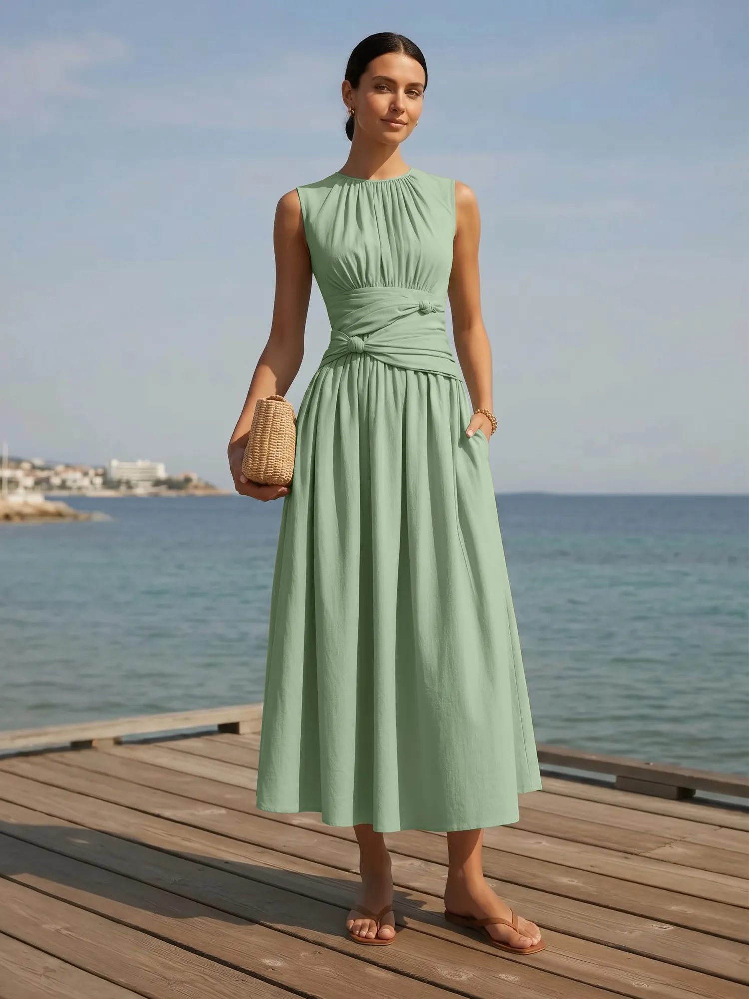 Sleeveless Round Neck Waist-Knot Midi Evening Dress