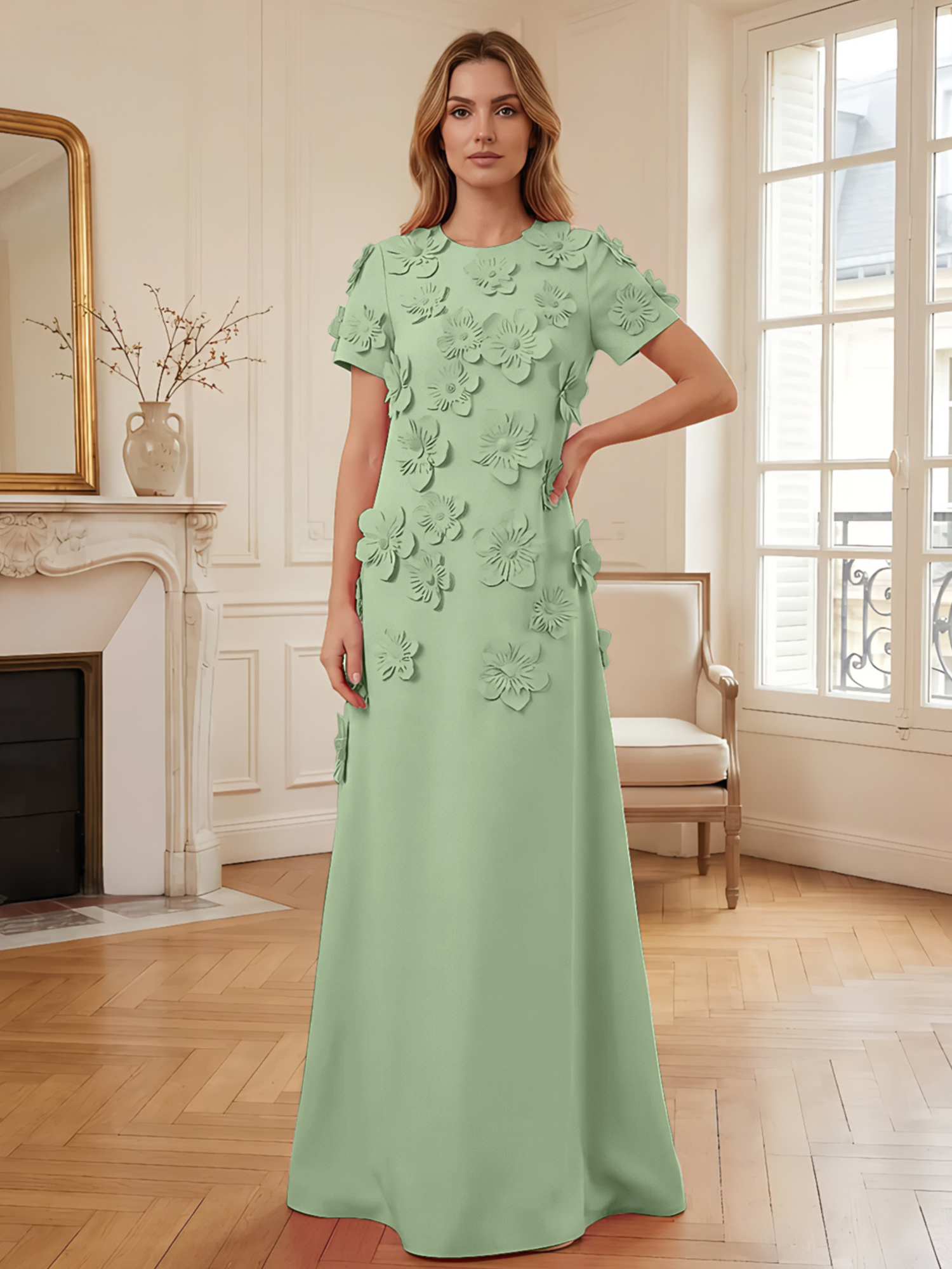 3D Floral Applique Short-Sleeve Column Evening Gown
