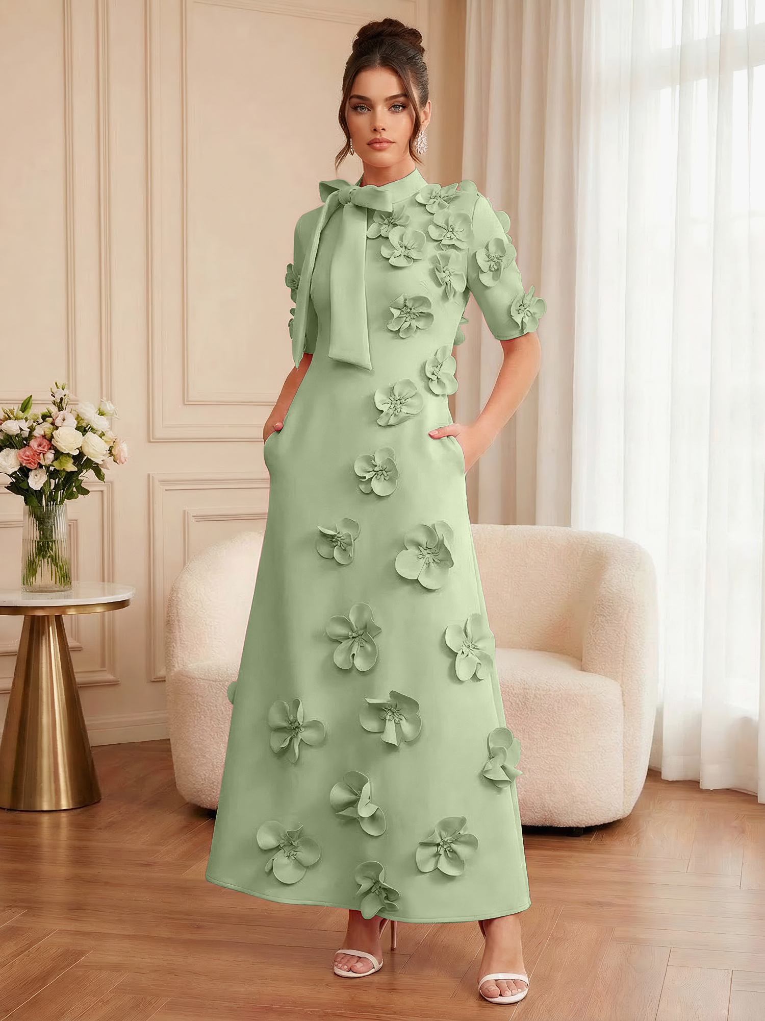 Pink Short Sleeve 3D Floral Maxi Dress Gown