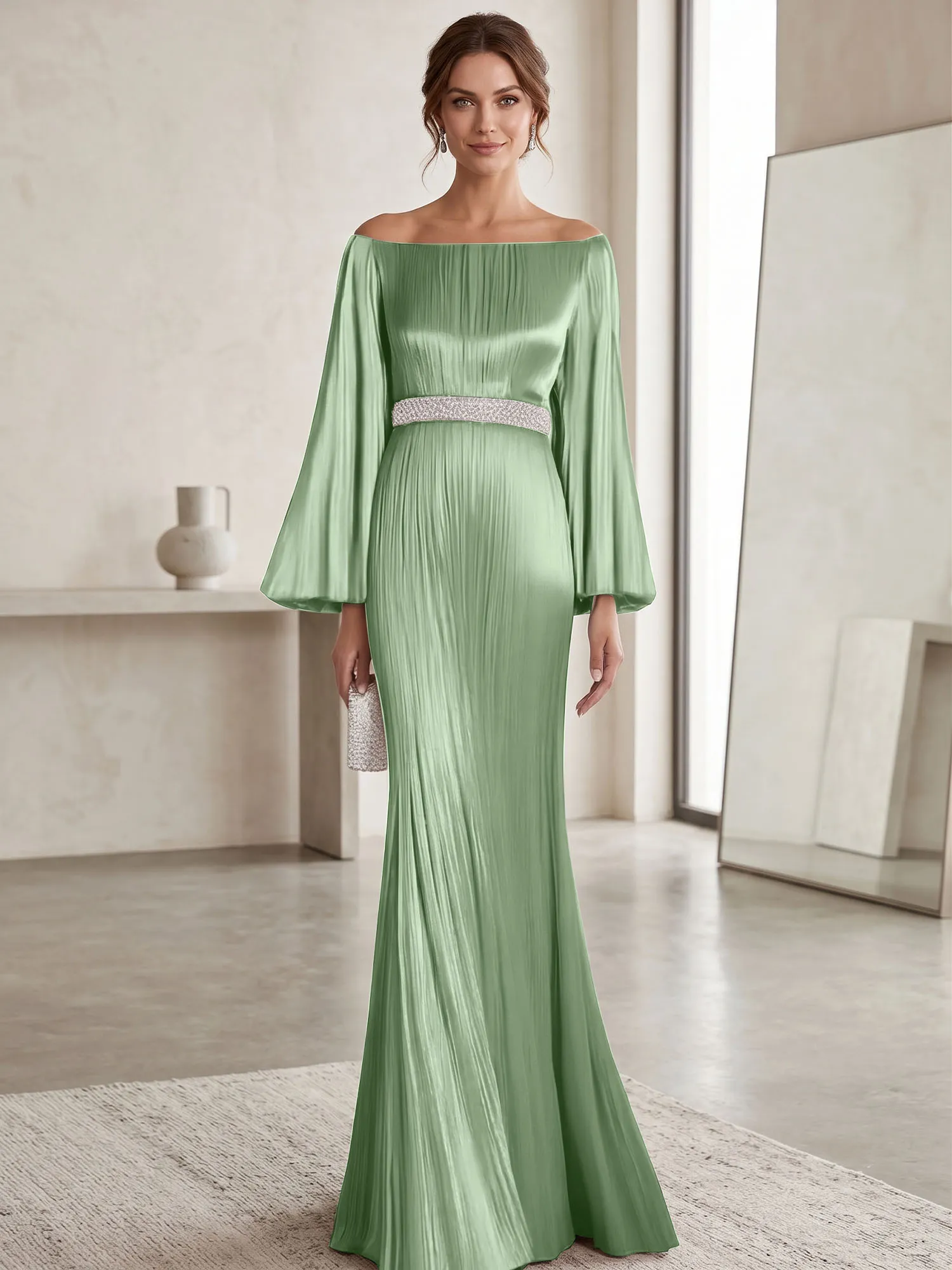 Off-the-Shoulder Pleated Satin Evening Gown with Beaded Waistband