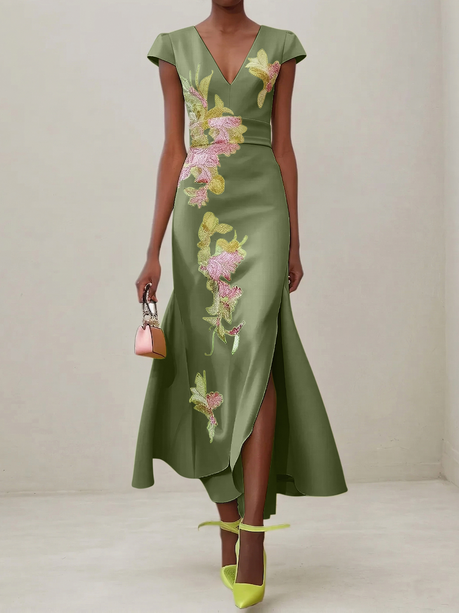 Elegant V-Neck Cap Sleeve Satin Midi Gown with Floral Embroidery & High Slit