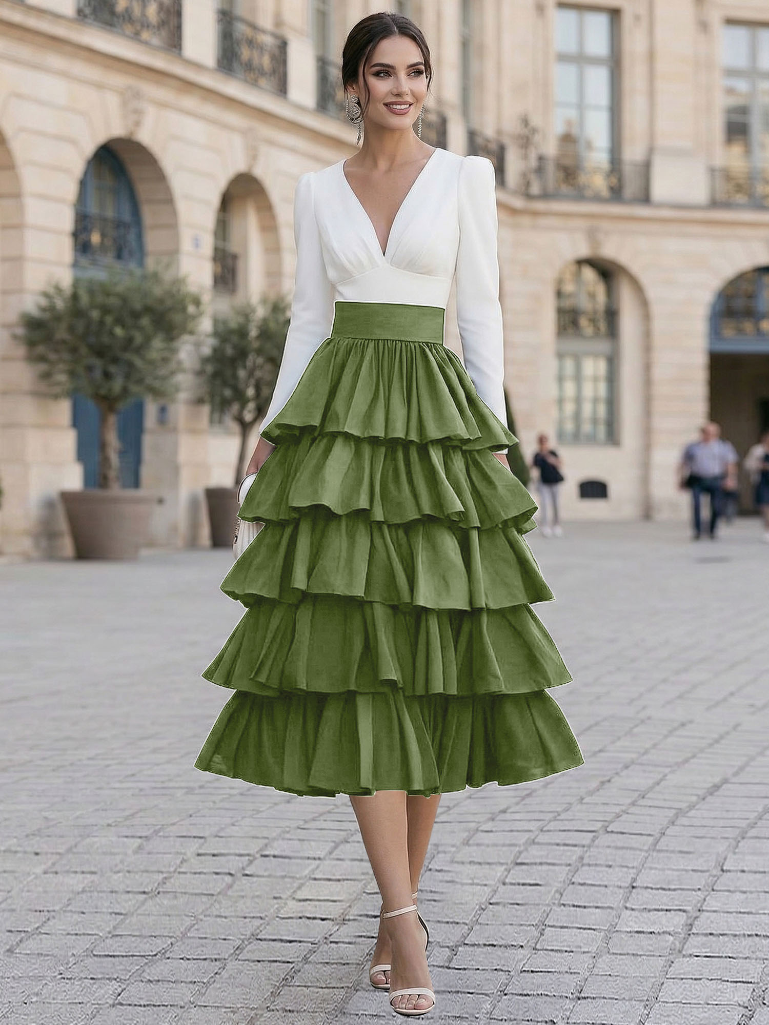 Elegant V-Neck Long Sleeve Tiered Ruffle Midi Dress with Contrast Waistband