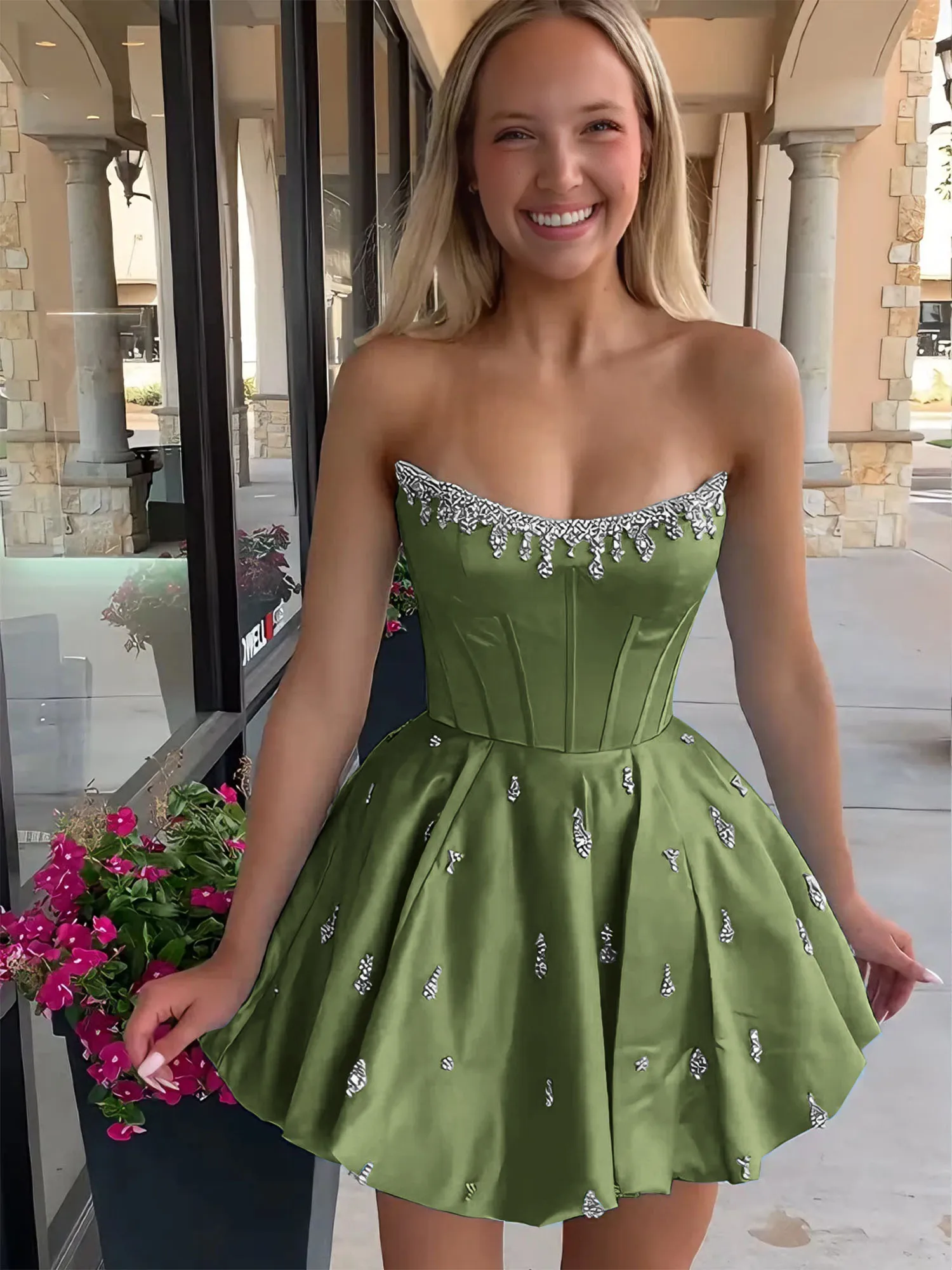 Strapless Beaded Corset Lace-Up Back Satin Homecoming Dress
