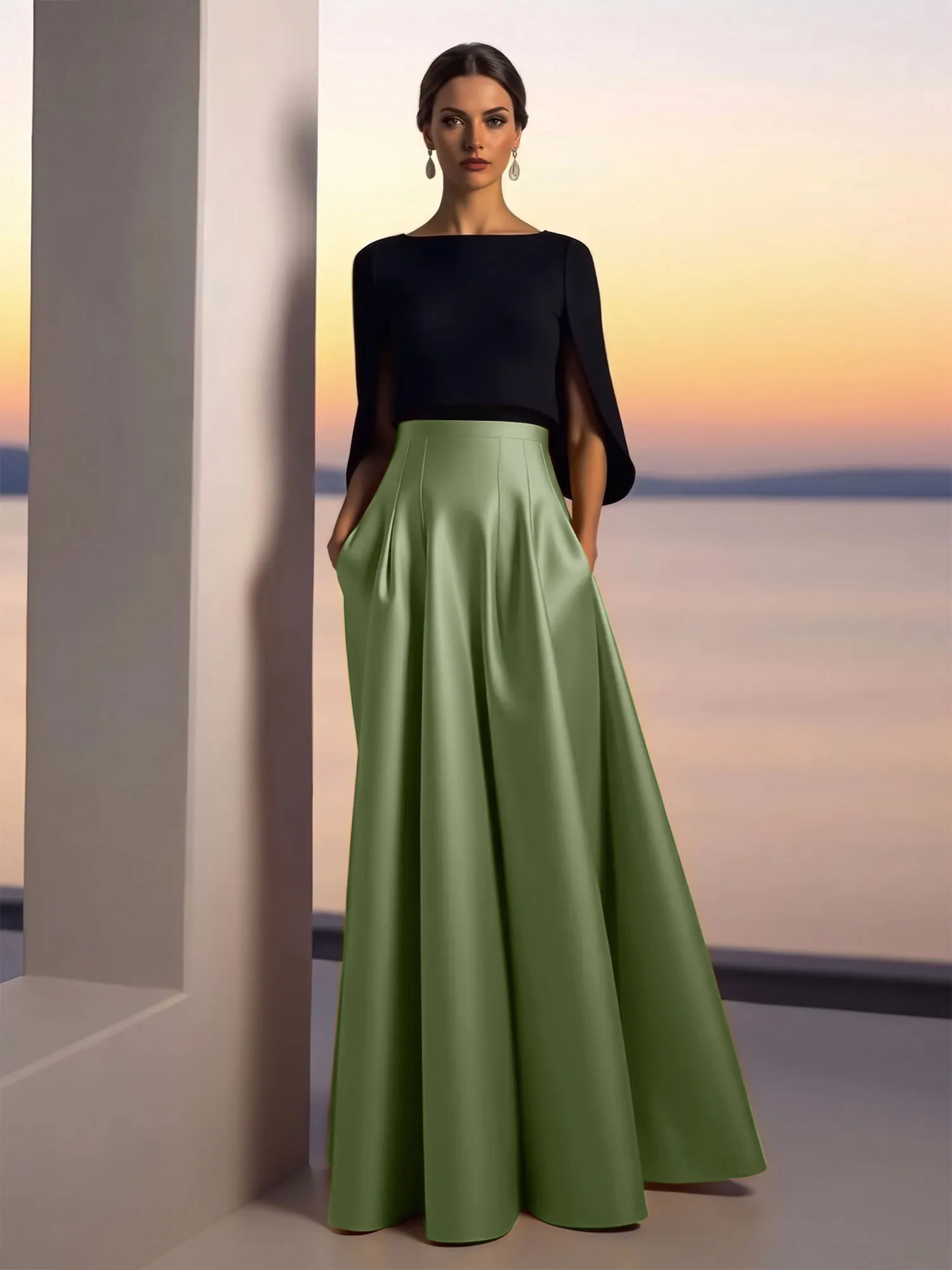 Two-Piece Cape Sleeve Satin Ball Gown Evening Dress