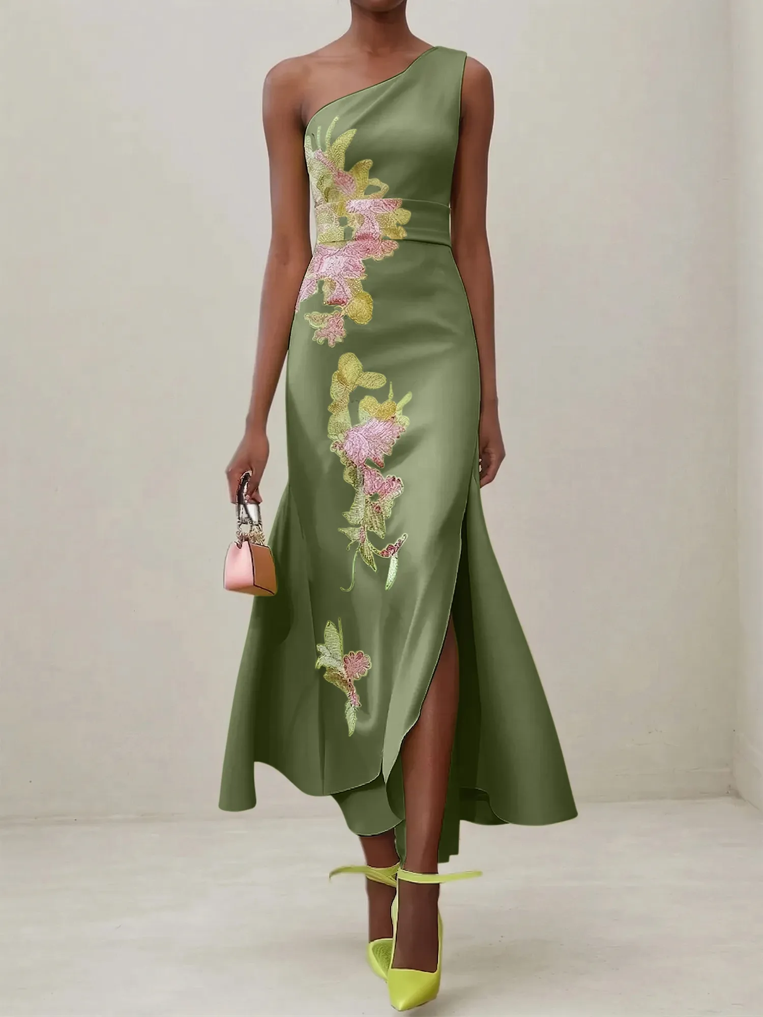 Elegant One Shoulder Cap Sleeve Satin Midi Gown with Floral Embroidery & High Slit