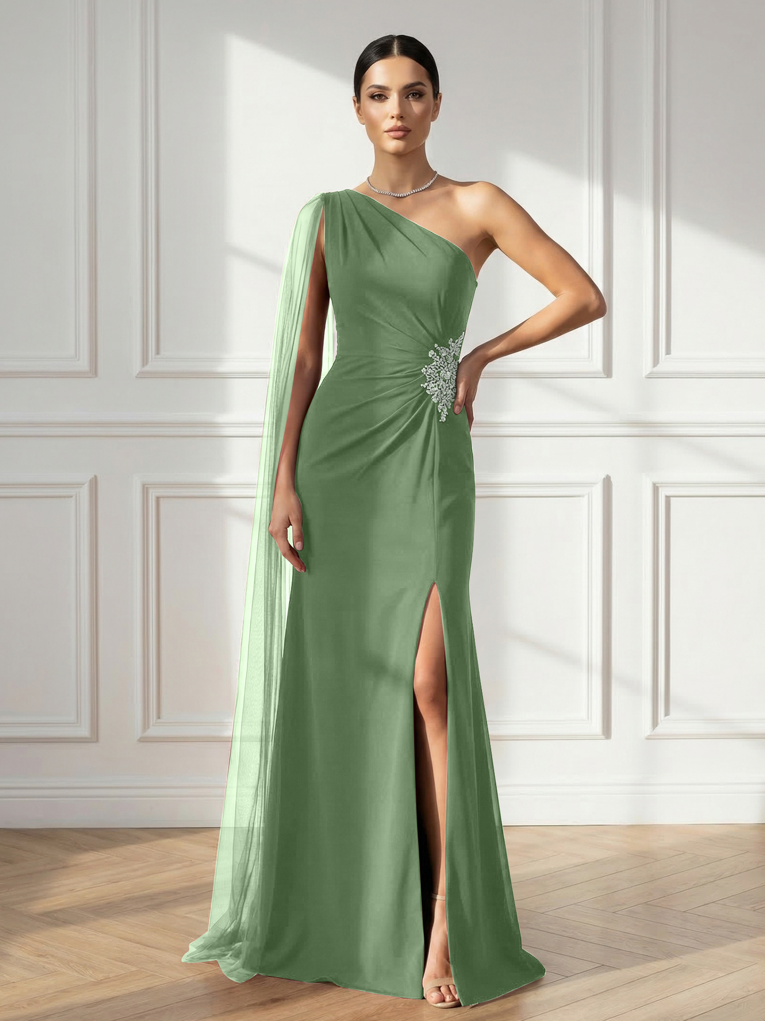 Formal Evening Dress Burgundy One Shoulder Slit Maxi Dress Gown