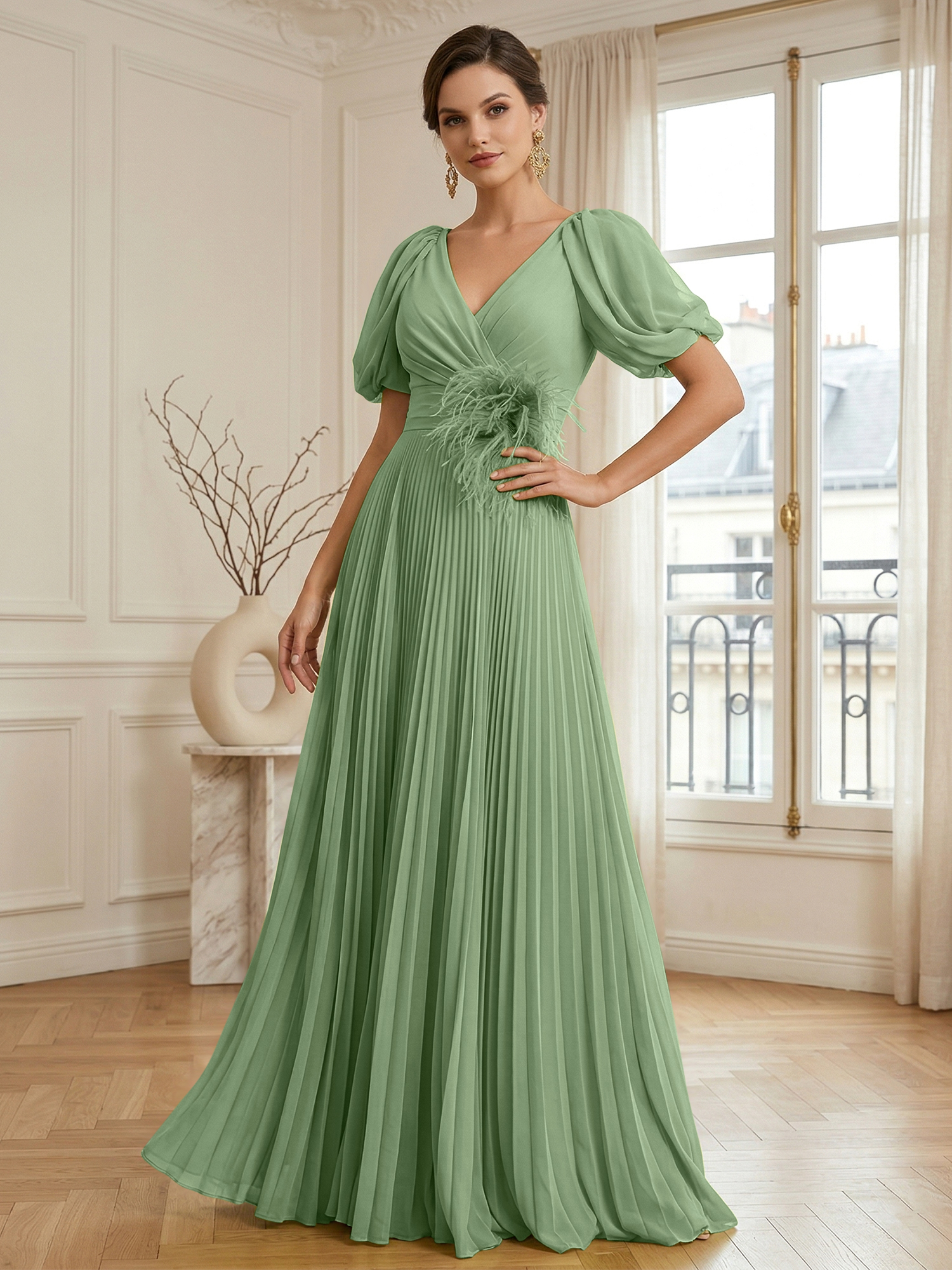 A-Line Chiffon Evening Gown with Feather V-Neck Short Sleeves Formal Dress