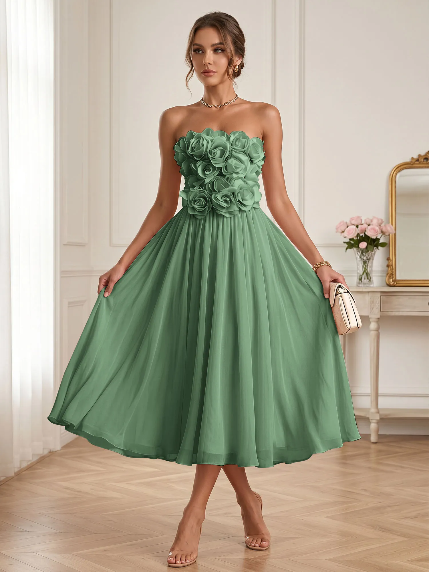 Strapless 3D Floral Chiffon A-Line Midi Formal Dress