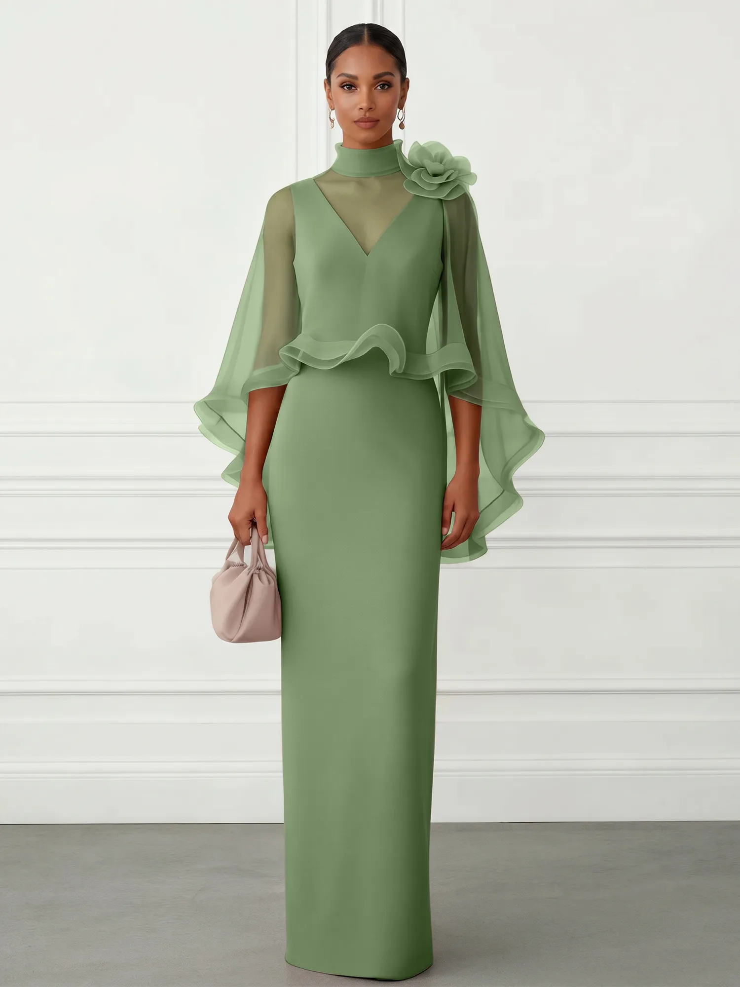 High-Neck Chiffon Cape Sleeve Sheath Evening Gown