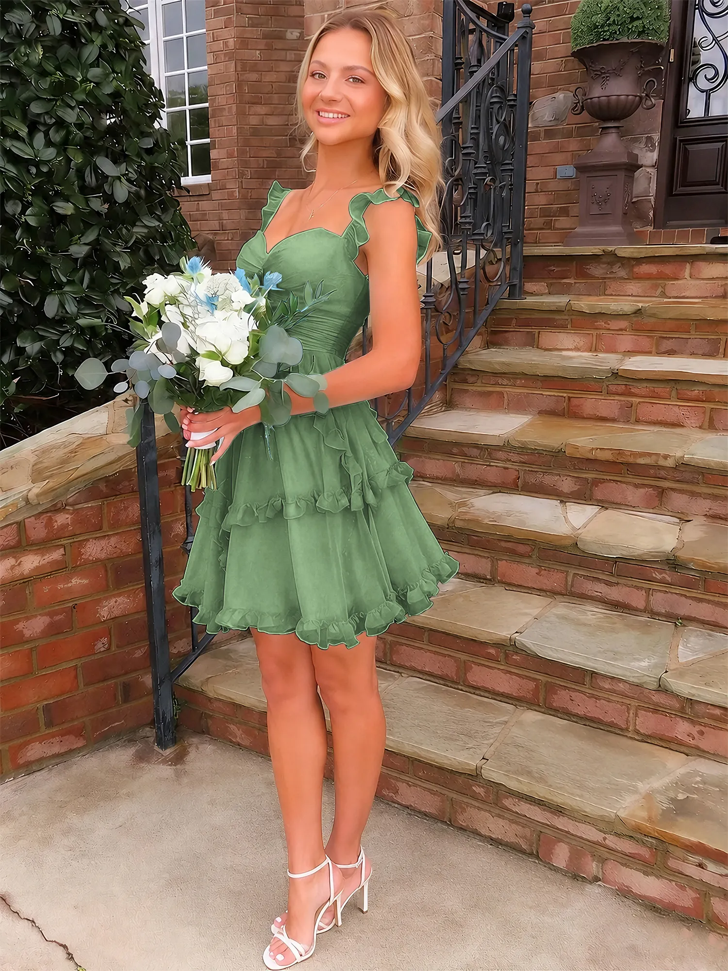 A Line Ruffled Tiered Chiffon Homecoming Dress with Lace-Up Back
