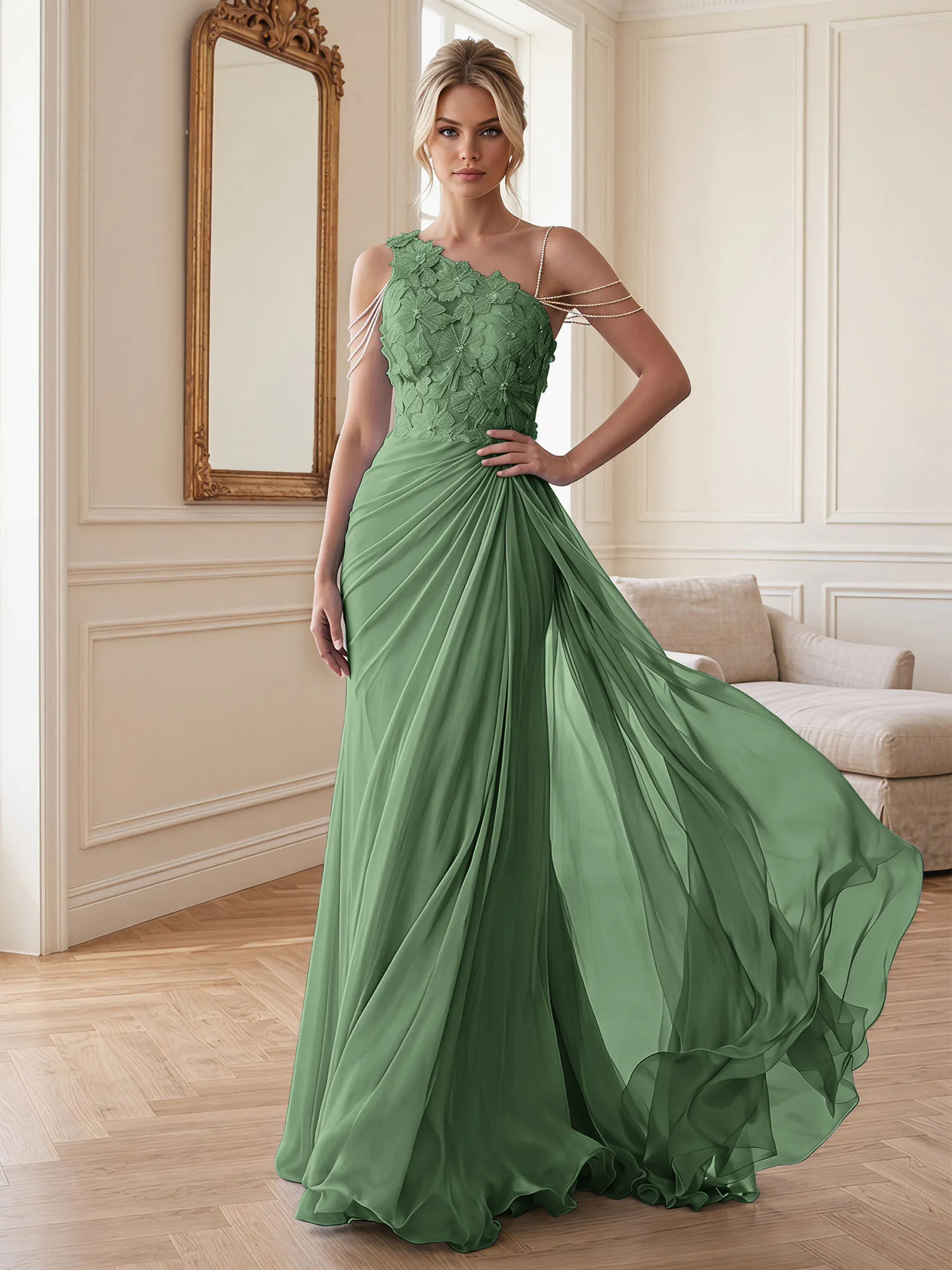 One-Shoulder Floral Lace Chiffon Evening Gown