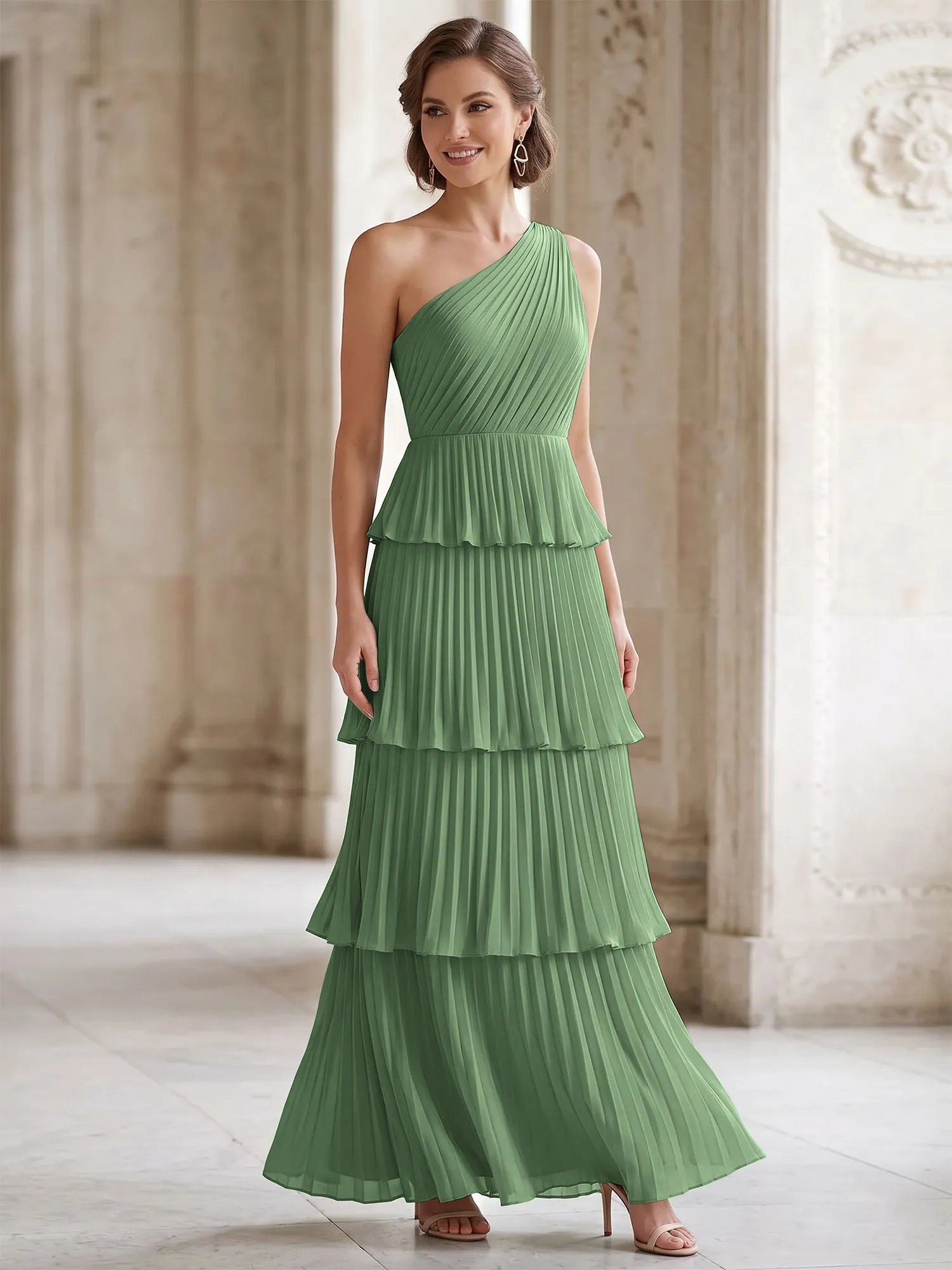 One-Shoulder Tiered Pleated Chiffon Evening Gown