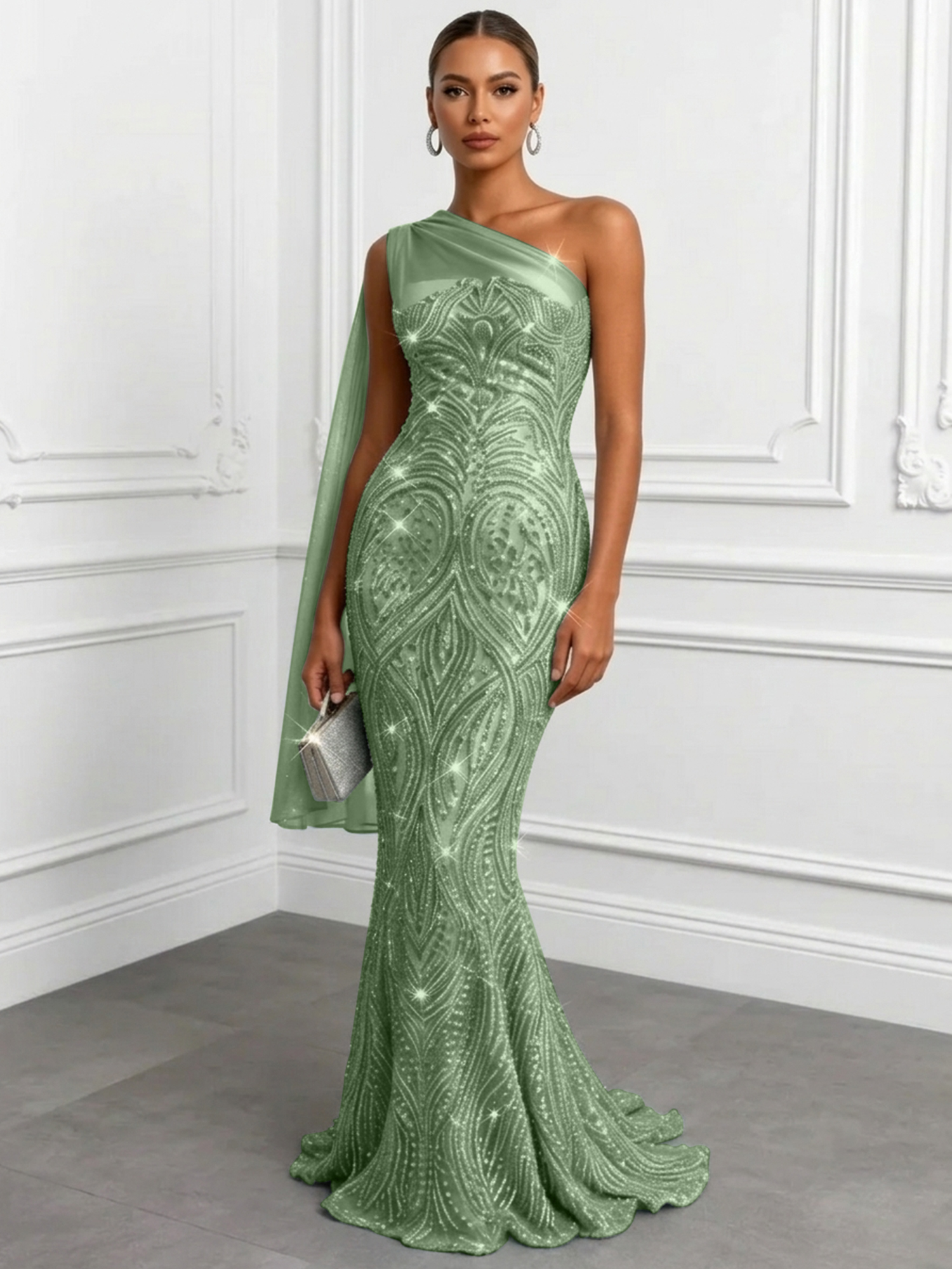 Shimmering Sage One-Shoulder Sequin Mermaid Evening Dress