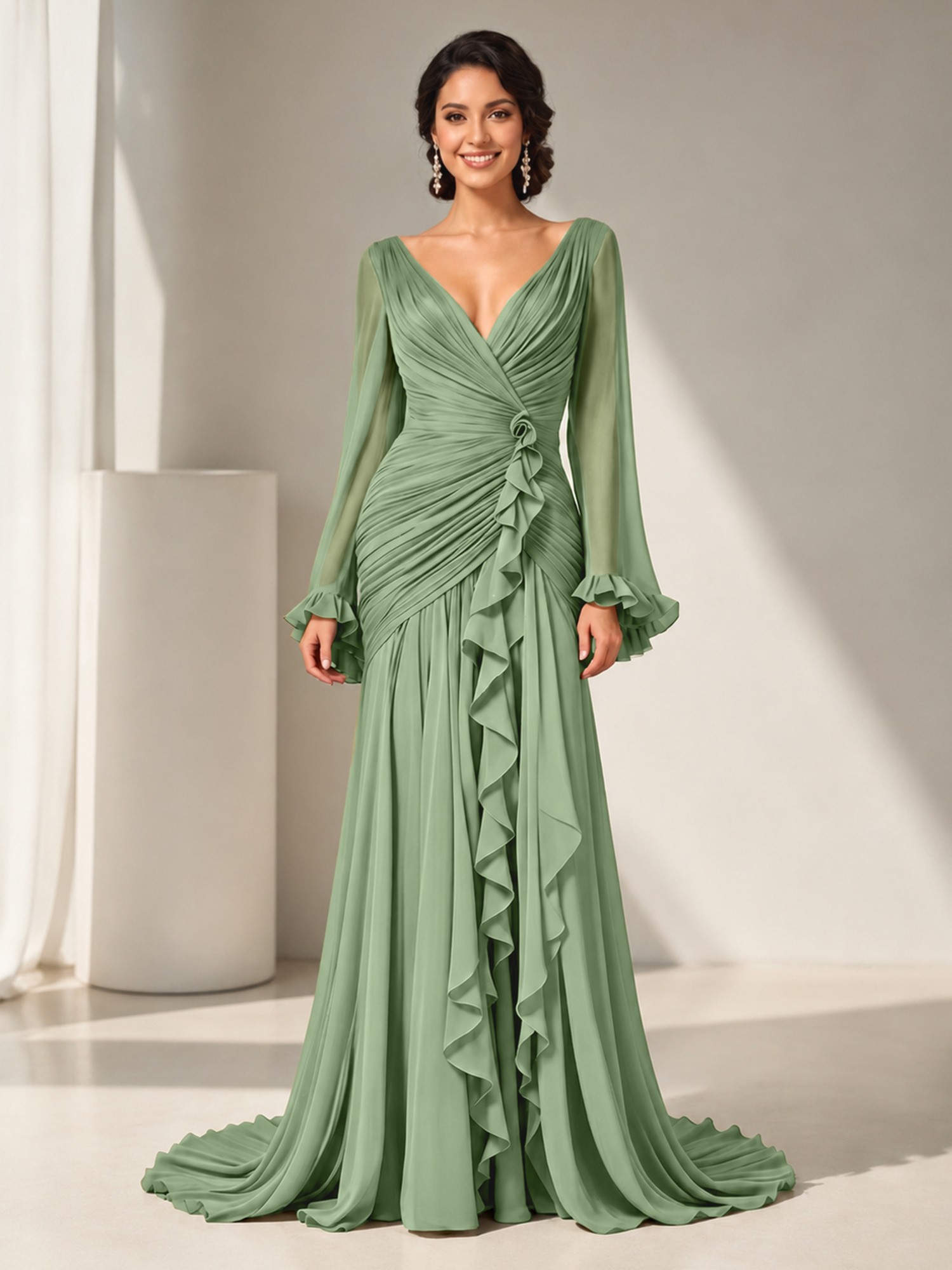 Grecian Olive Green Ruched Long-Sleeve Cascading Ruffle Formal Evening Dress