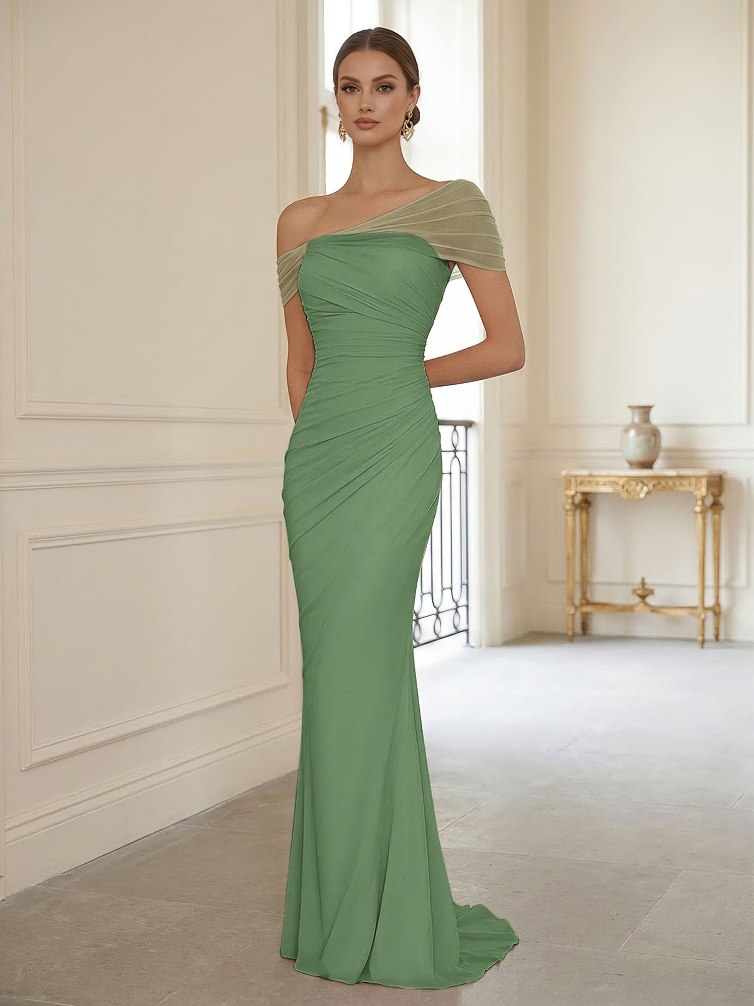 Sophisticated Blush Pink Asymmetrical Ruched Maxi Dress Evening Gown