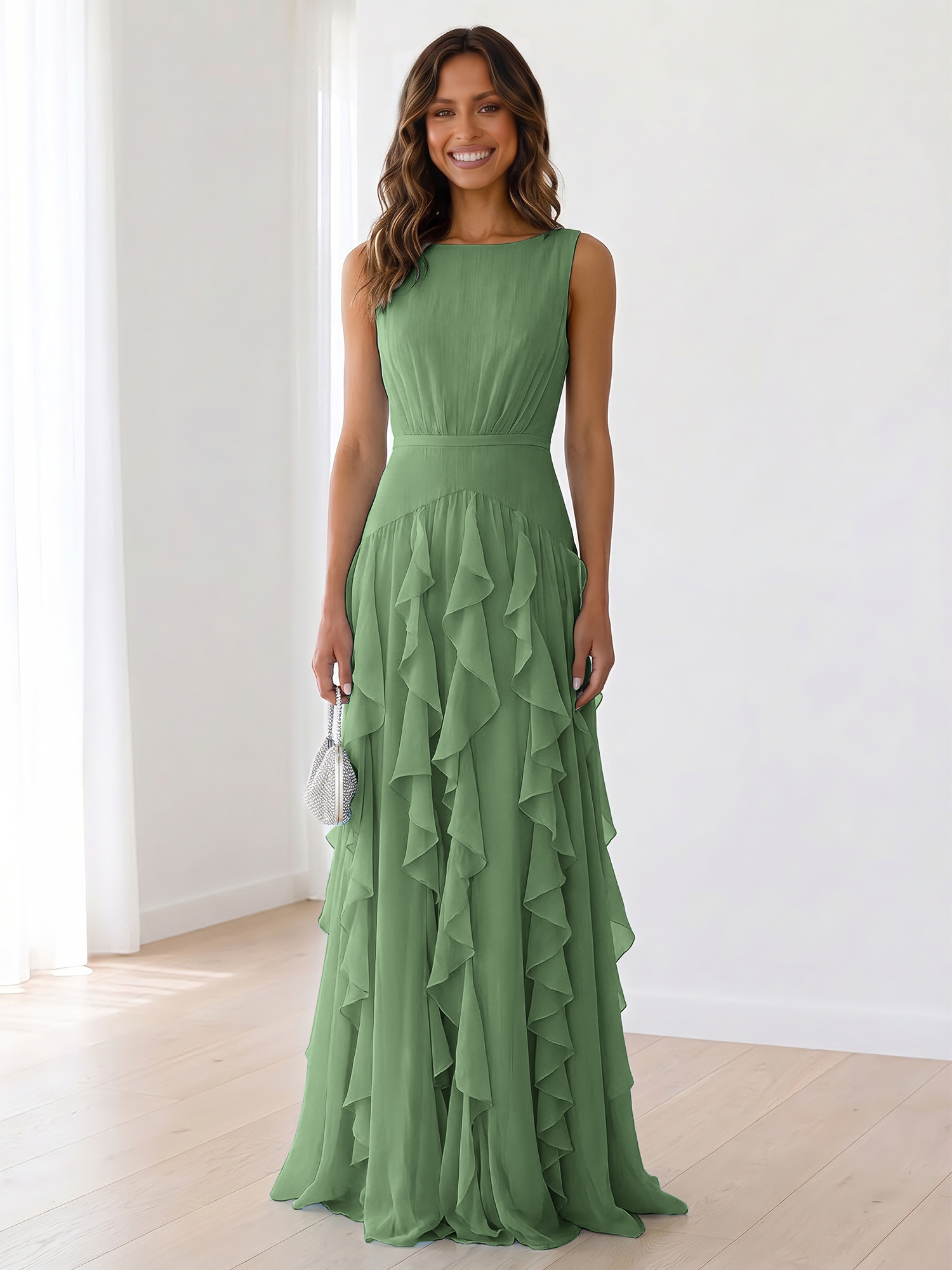 Ethereal Powder Blue Cascading Ruffle Maxi Formal Evening Dress