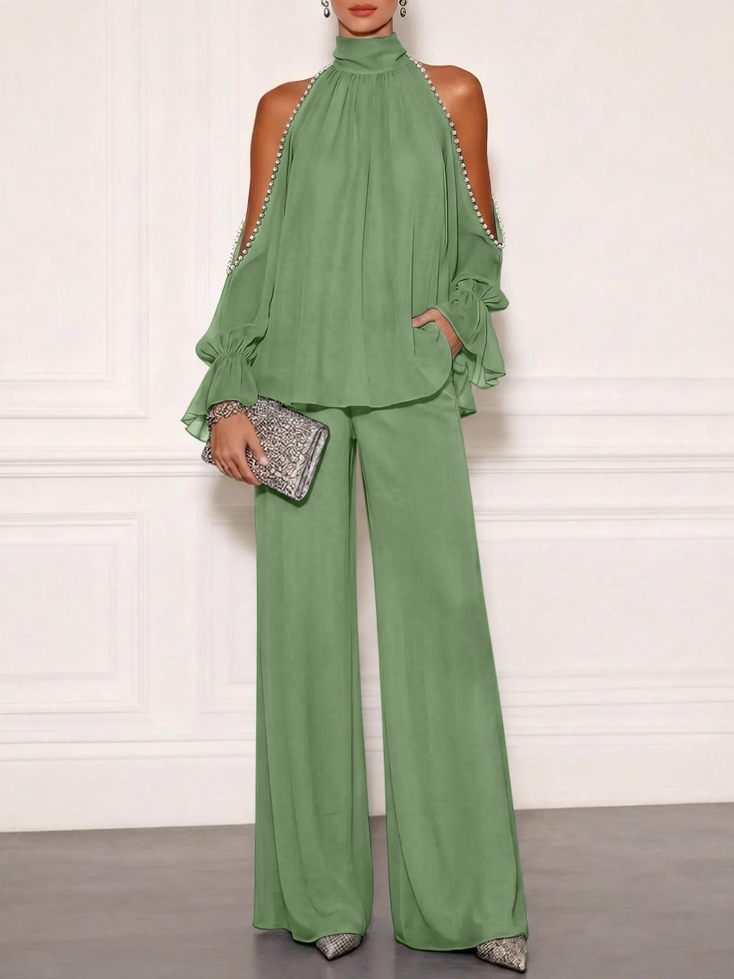 Sophisticated Embellished Cold Shoulder Formal Evening Jumpsuit