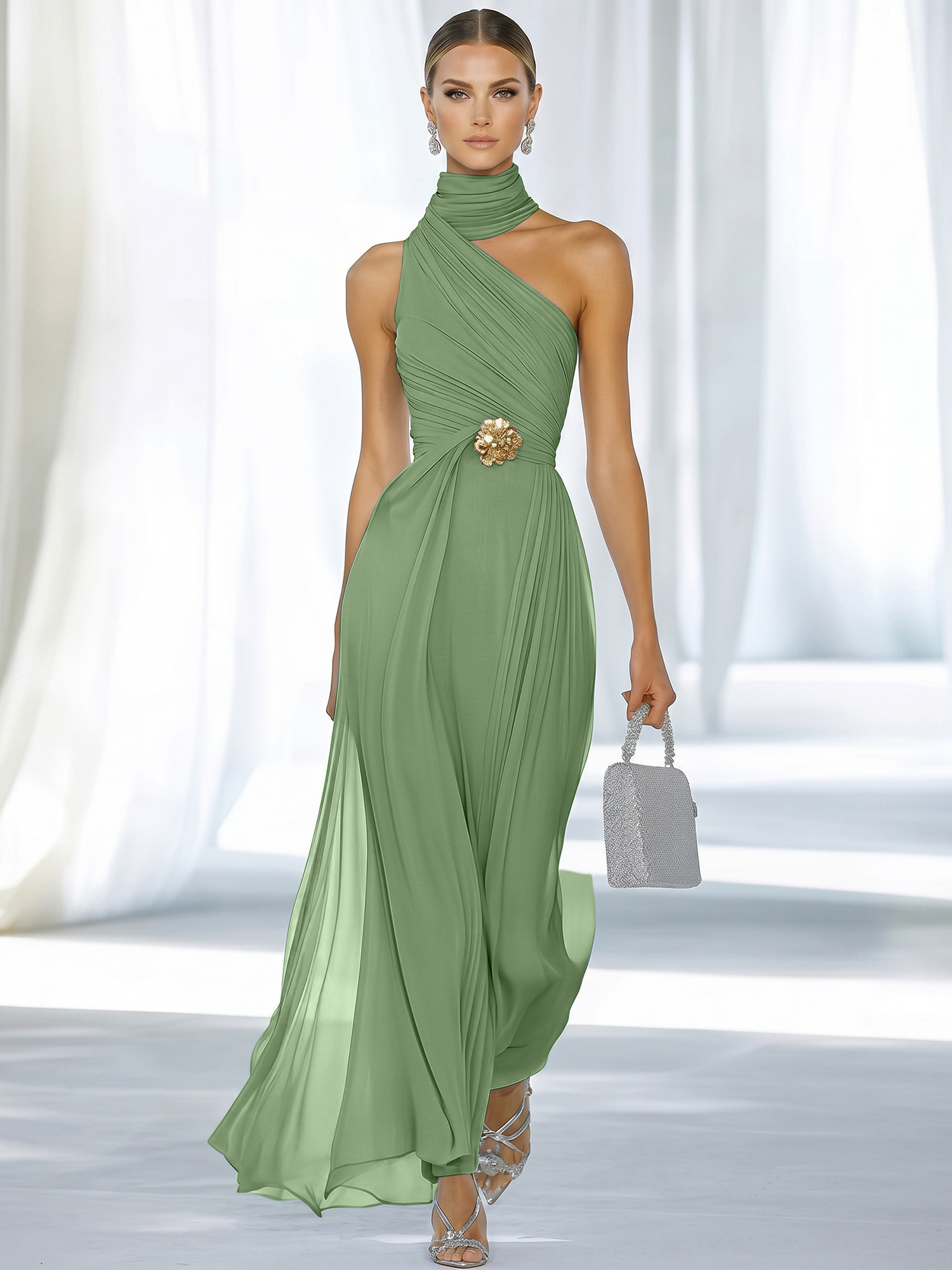 Sky Blue Pleated Chiffon Halter Strapless Formal Evening Dress