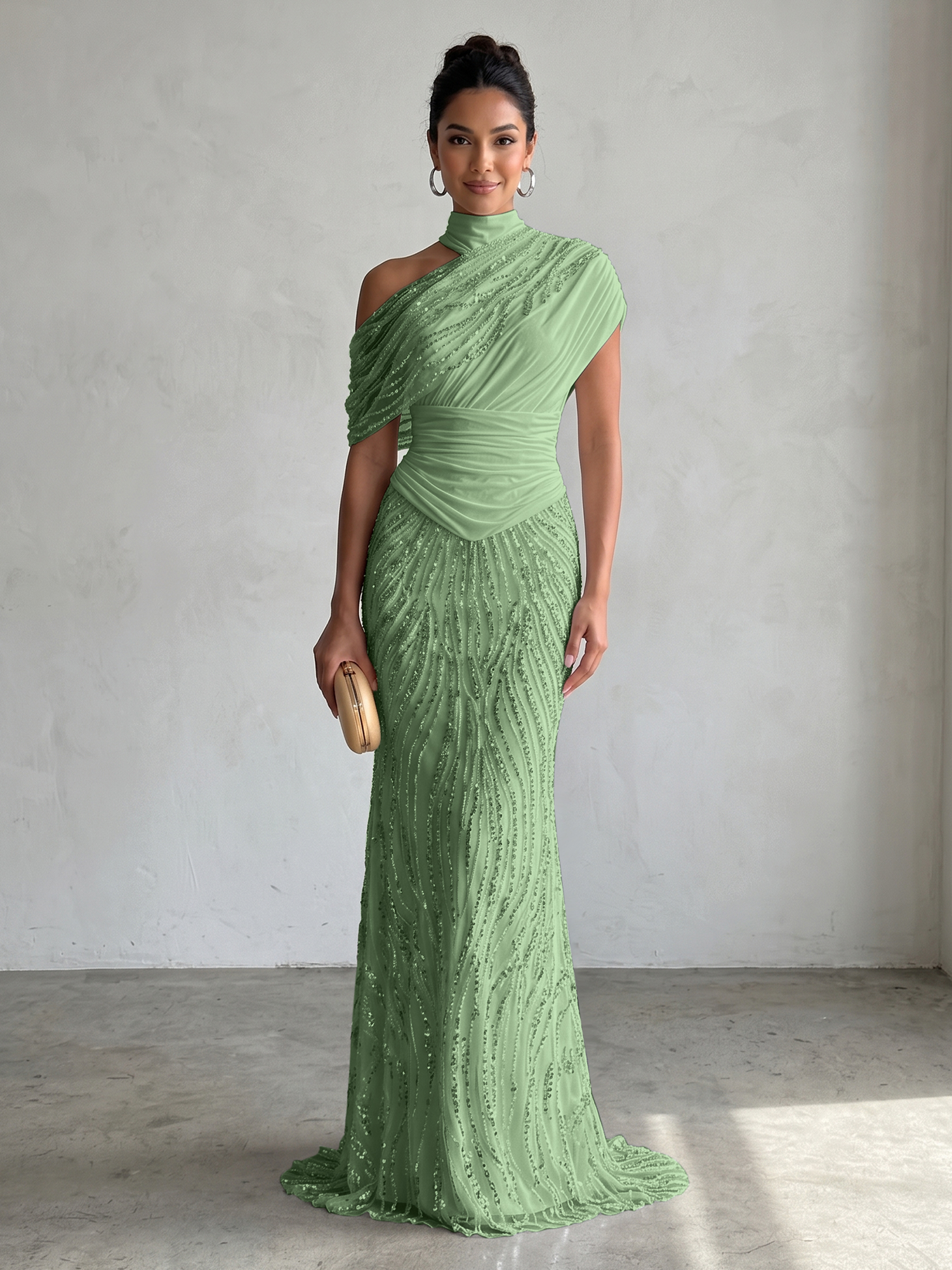 Ethereal White Beaded High-Neck Draped Sheath Formal Evening Dress