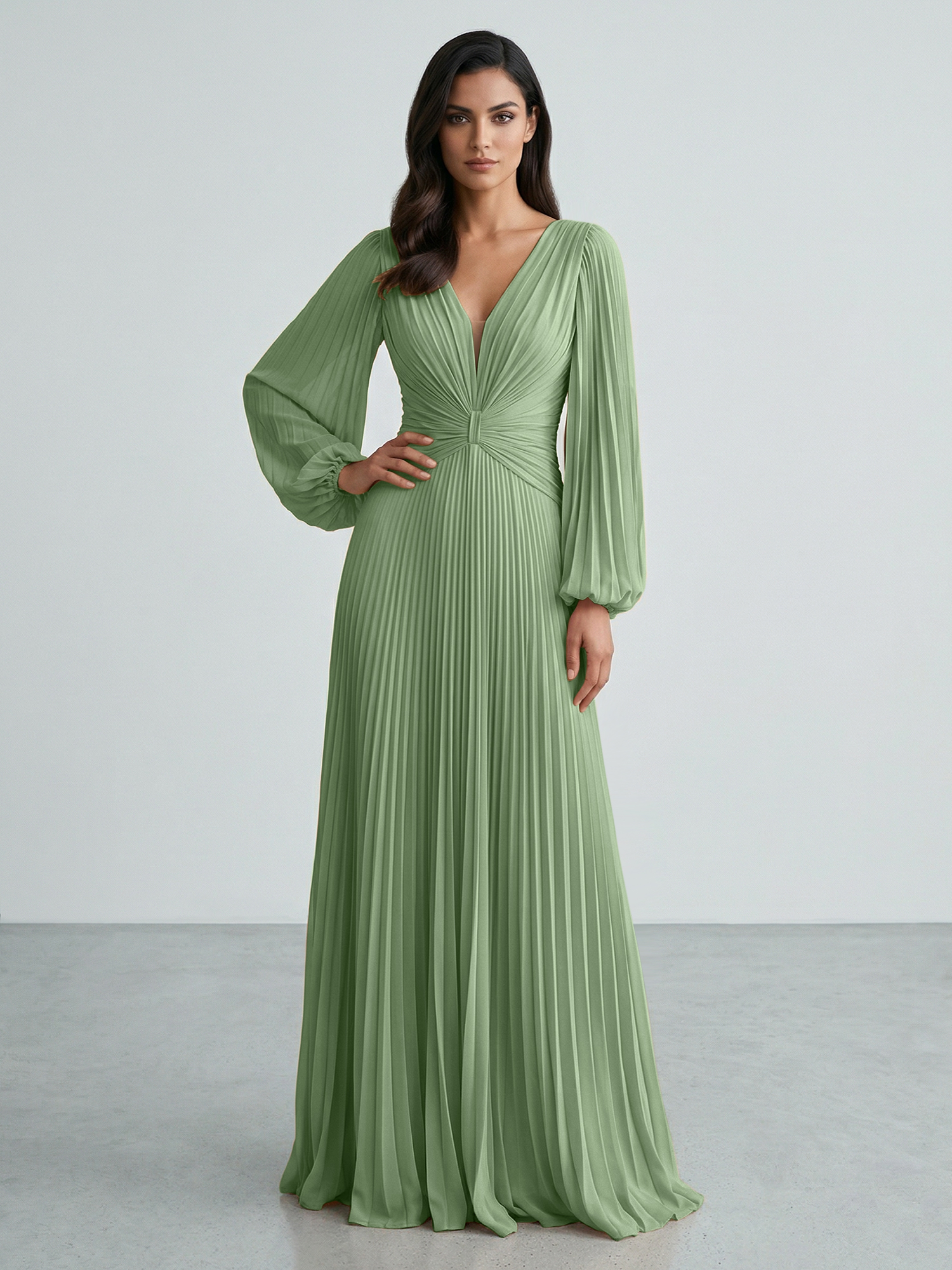 Slate Blue Plunging V-Neck Pleated Long Sleeve Maxi Dress Gown