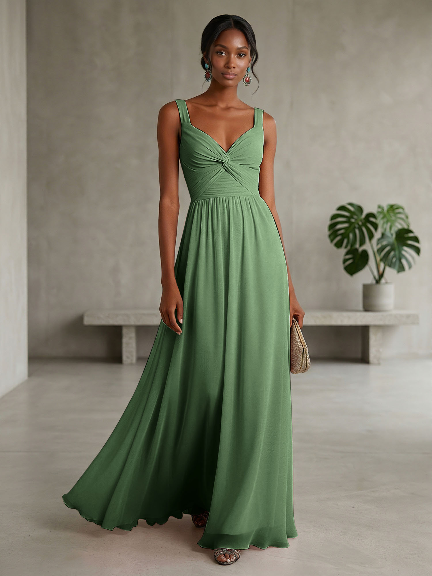 Elegant Soft Blush Twist-Front Chiffon Maxi Gown