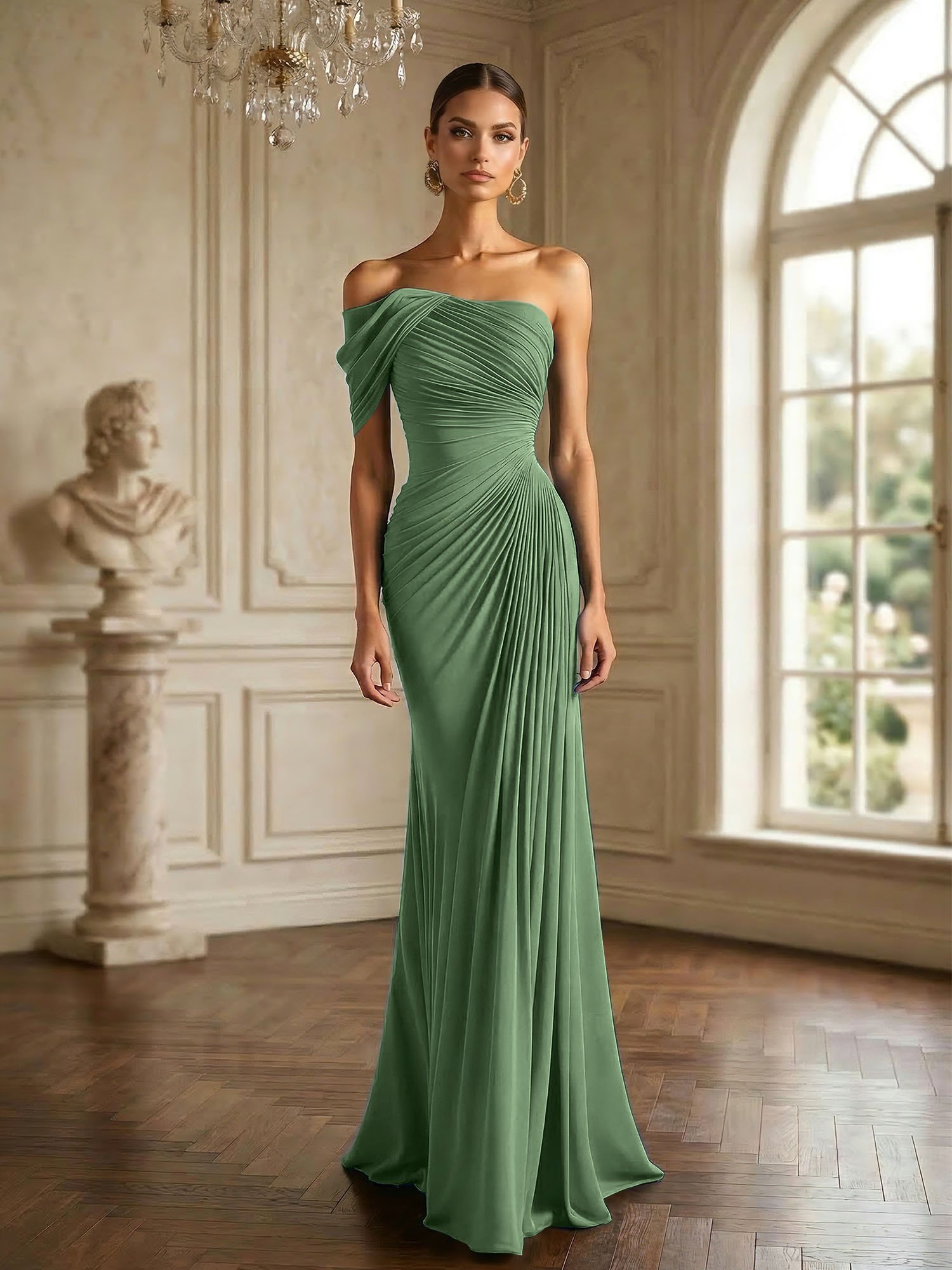 One Shoulder Pleat Mermaid Chiffon Evening Dresses for Women Gown