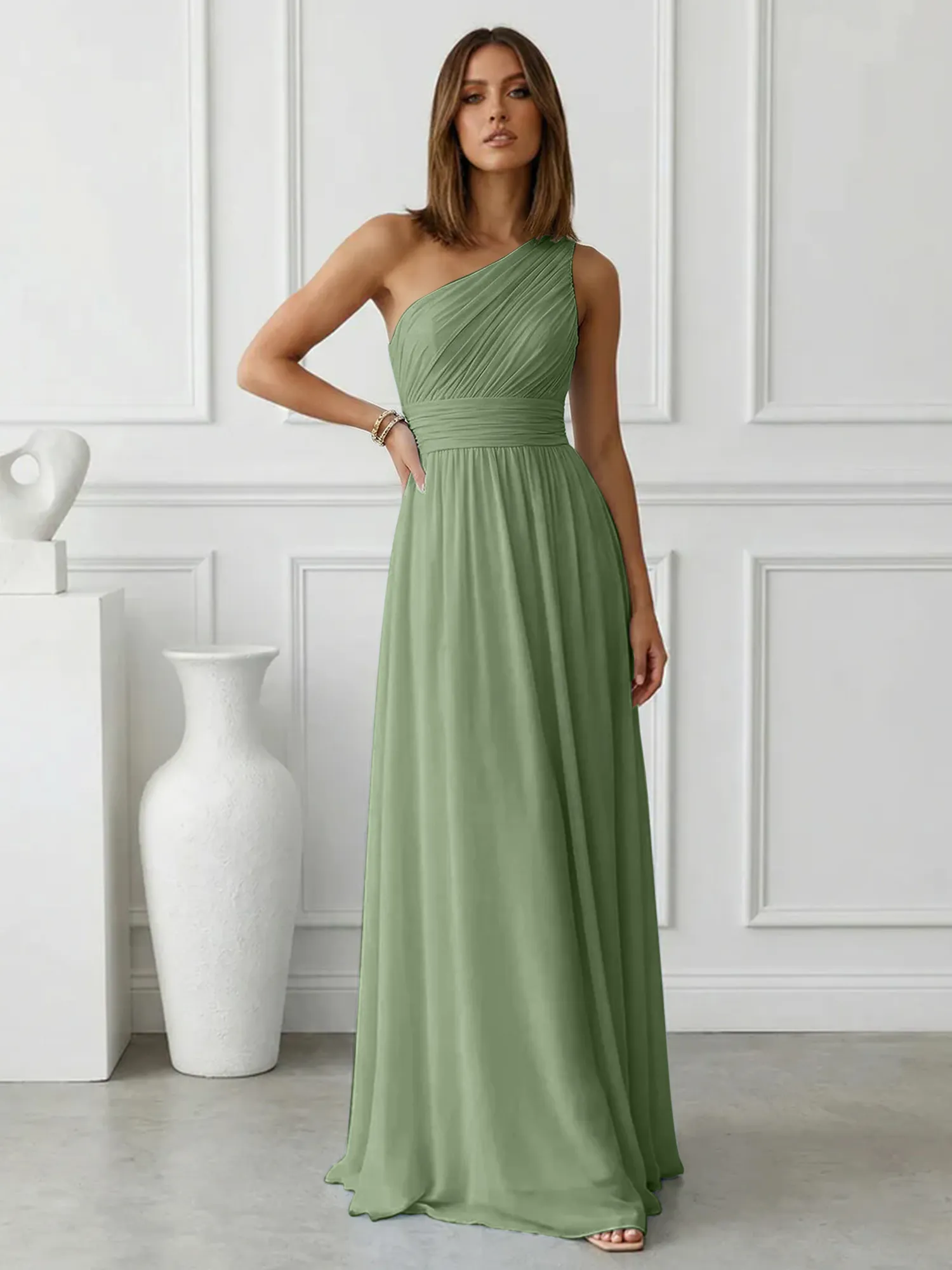 One-Shoulder Pleated Chiffon A-Line Evening Dress