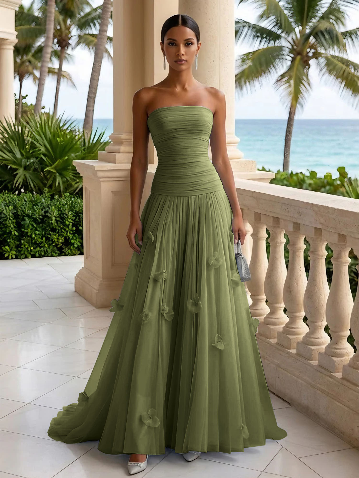 Light Blue Evening Dress with 3D Flower Strapless Pleat Maxi Dress