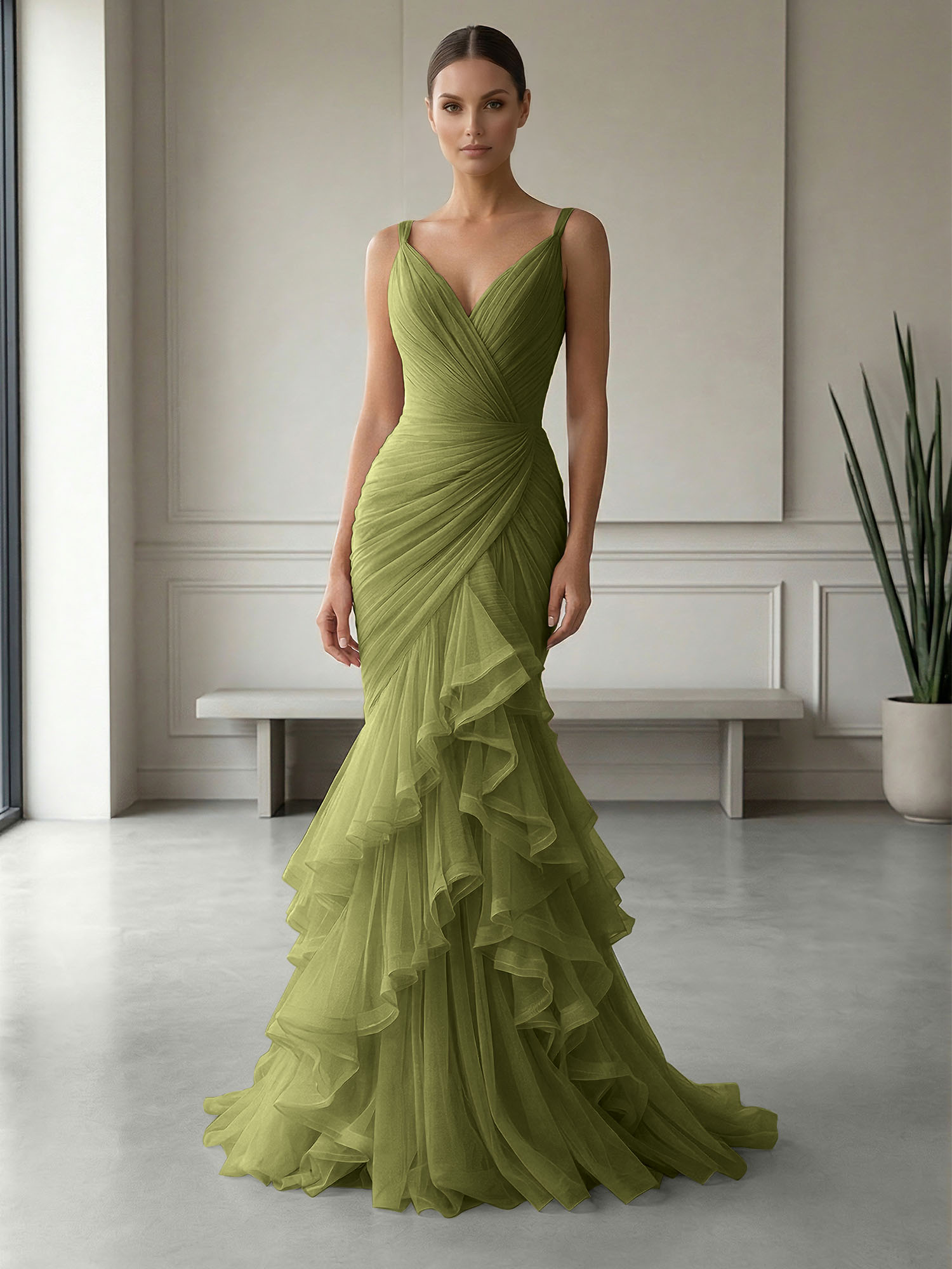 Mauve Folds Tulle Strapless Sleeveless Mermaid Gown Dress