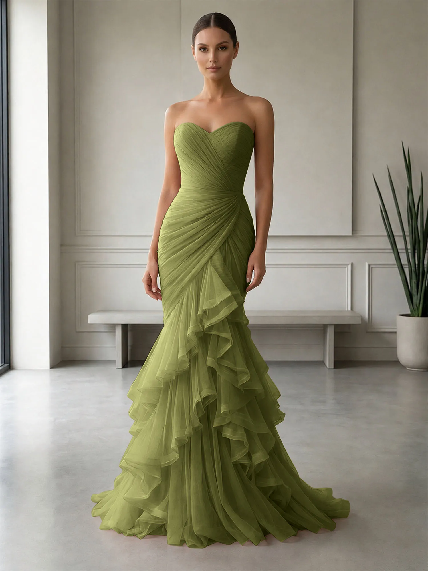 Strapless Ruched Tulle Mermaid Evening Gown Maxi Dress