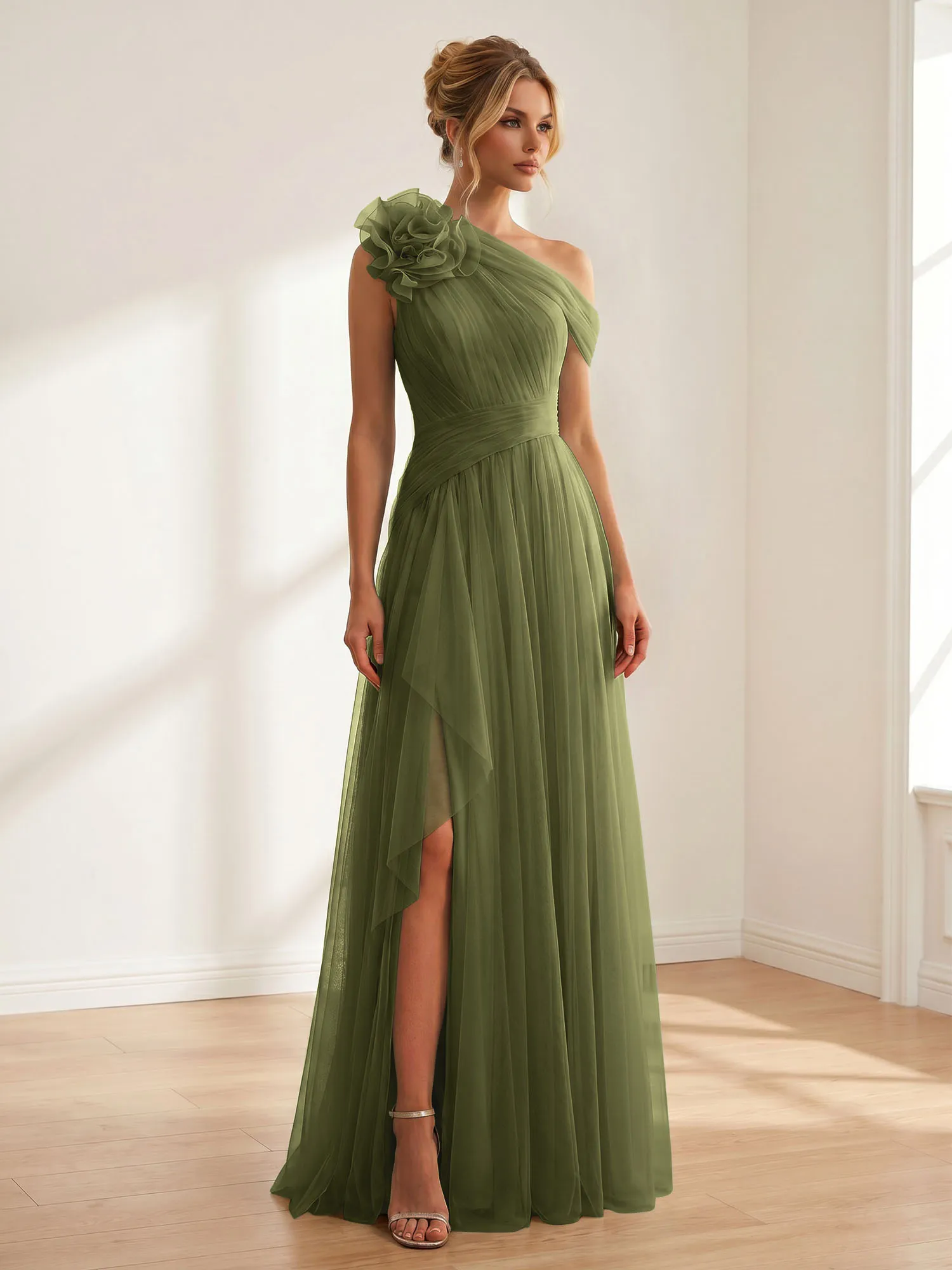 One-Shoulder Tulle Evening Gown with Floral Accent