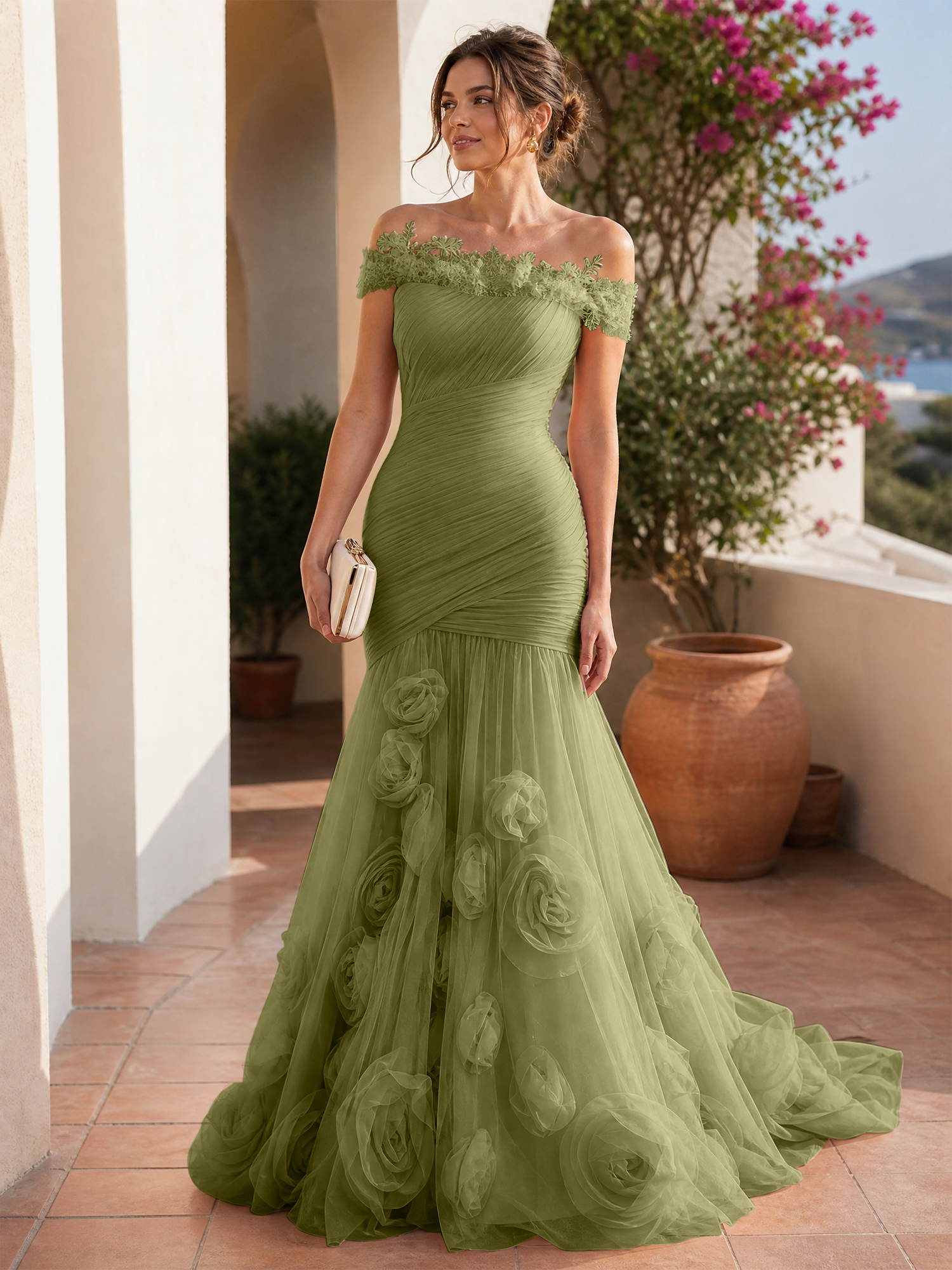 Romantic Blushing Rose Off-the-Shoulder Mermaid Formal Evening Dress 