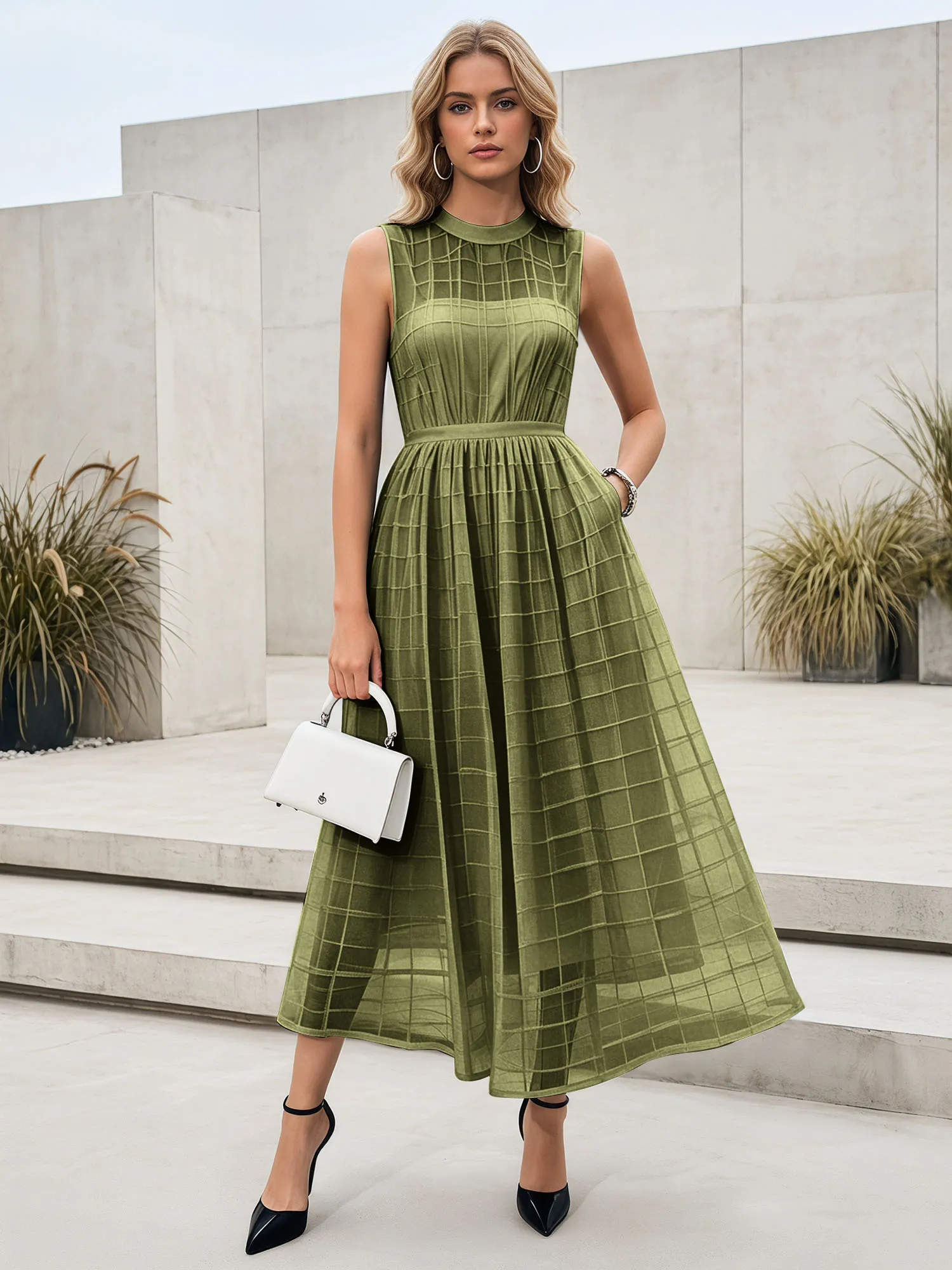 Sleeveless Grid Mesh A-Line Midi Evening Dress