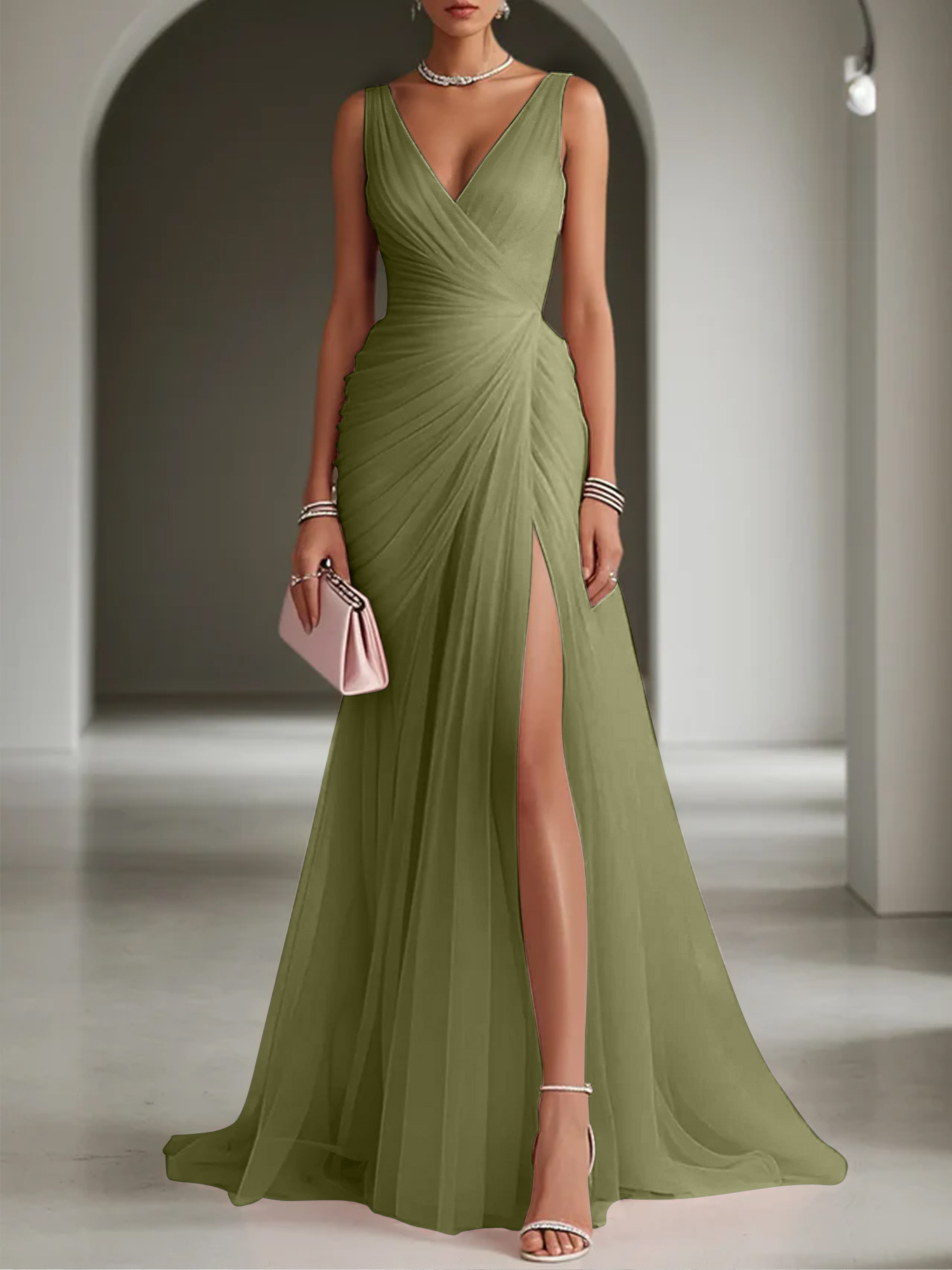 Pink Ruched Slit Tulle V Neck One Shoulder Sheath Gown Dress