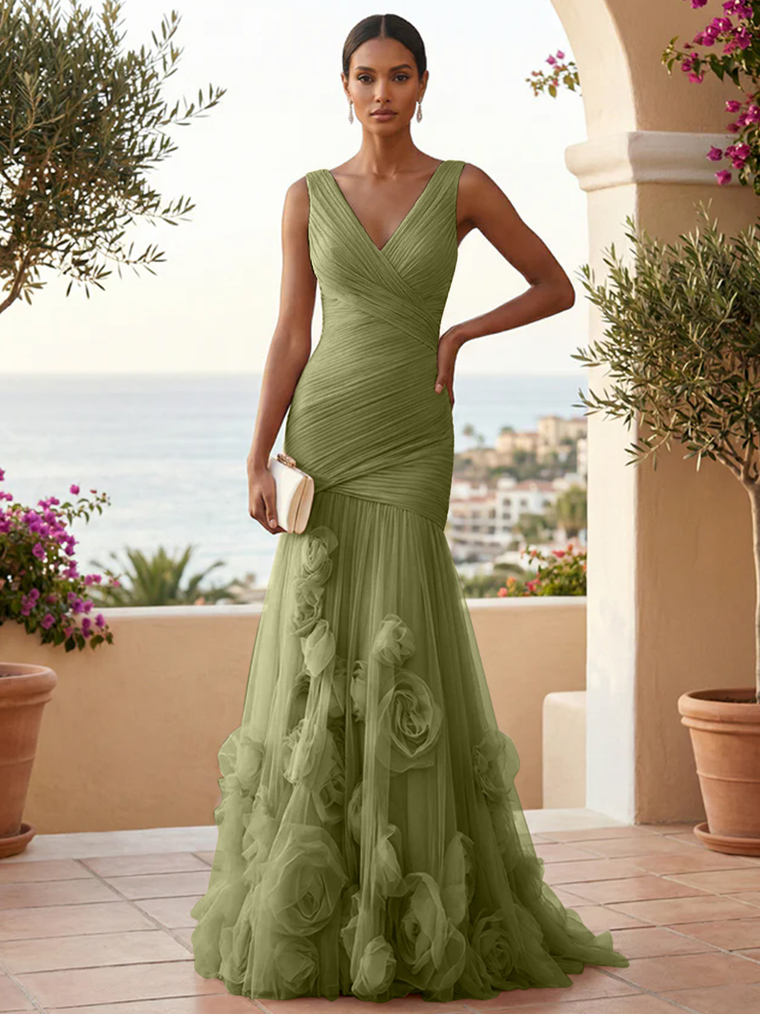 Sweetheart Tulle V Neck Pleat Mermaid Evening Dresses with 3D Flower