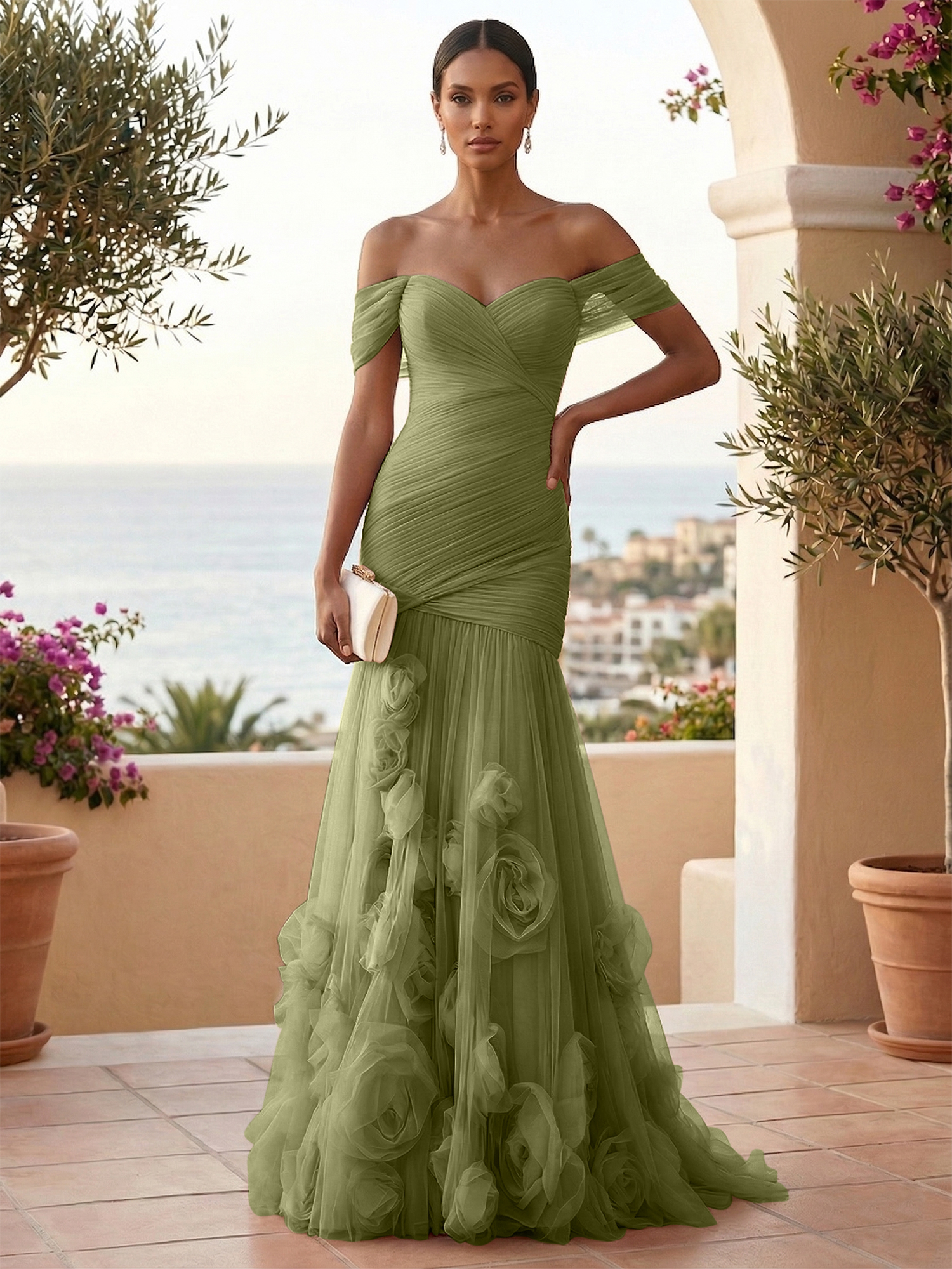 Sweetheart Tulle Off the Shoulder Pleat Mermaid Evening Dresses with 3D Flower