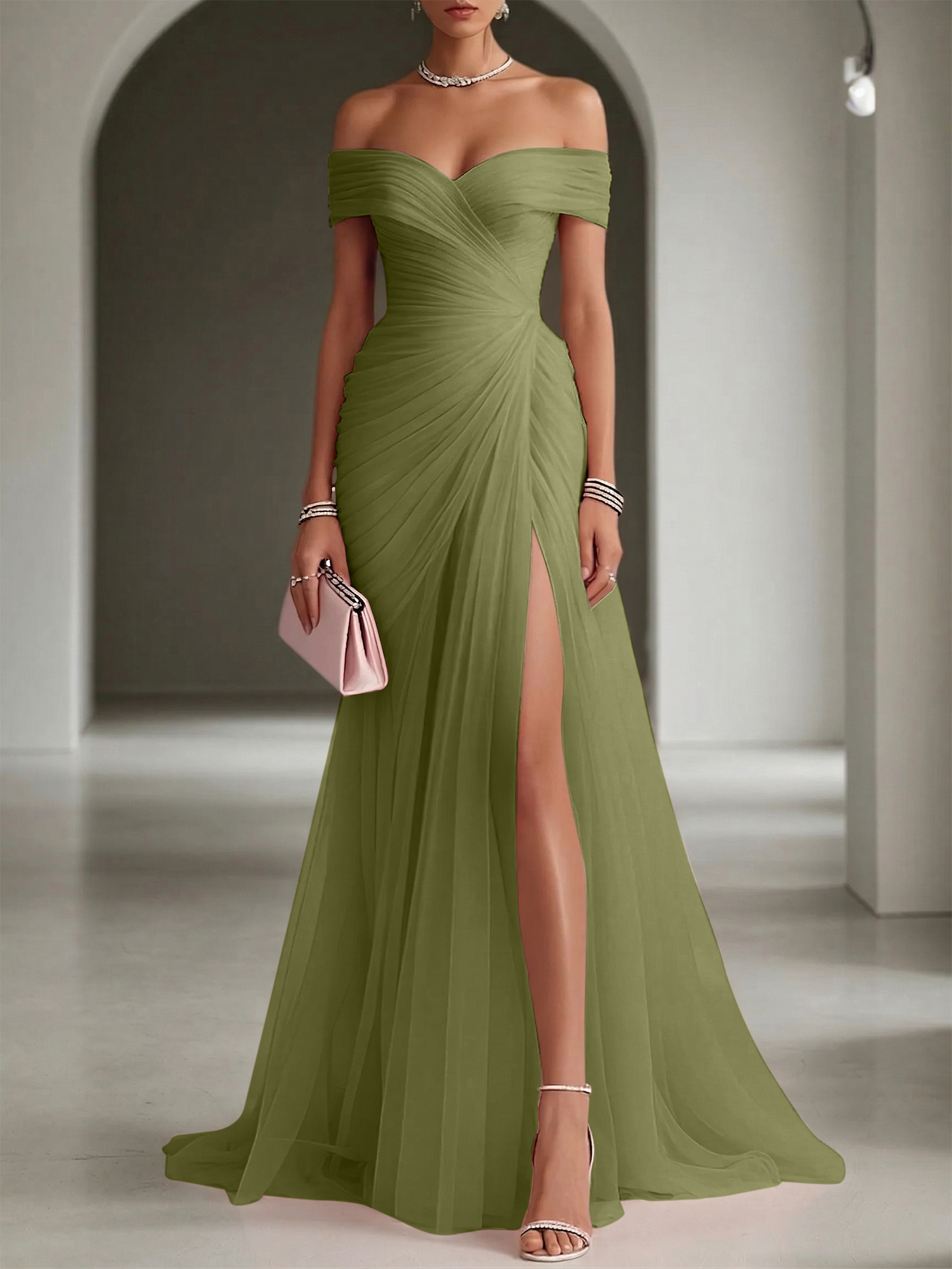 Blush Ruched Slit Tulle Off the Shoulder Sleeveless Sheath Gown Dress