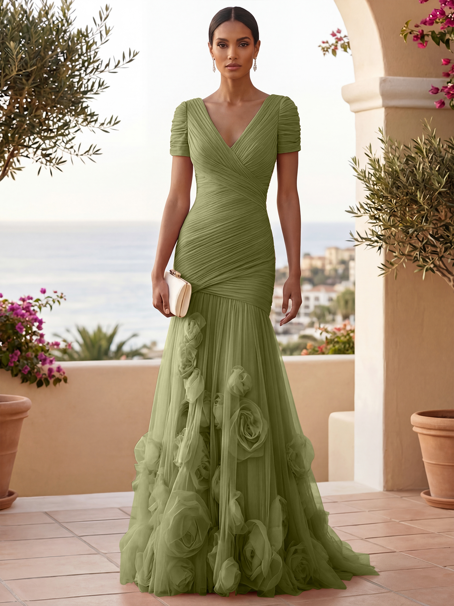 Sweetheart Tulle Short Sleeves Pleat Mermaid Evening Dresses with 3D Flower