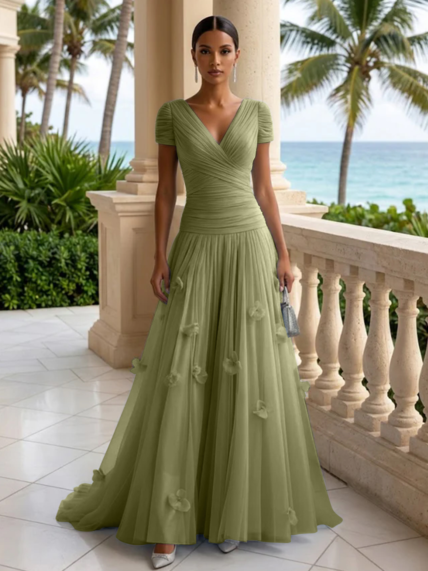 Elegant V-Neck Ruched Tulle A-Line Evening Gown with 3D Floral Appliqués