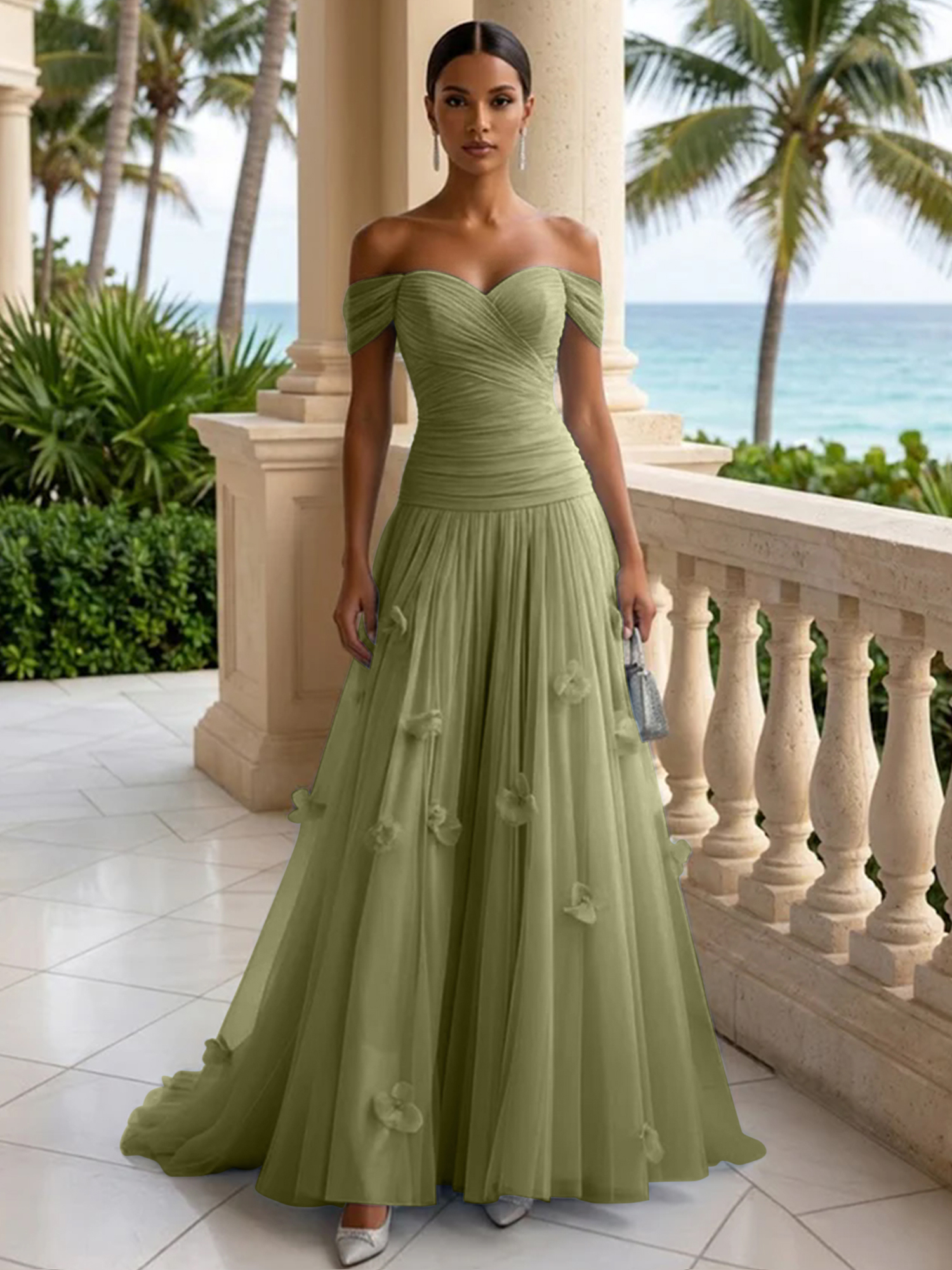 Elegant Off-the-Shoulder Ruched Tulle A-Line Evening Gown with 3D Floral Appliqués