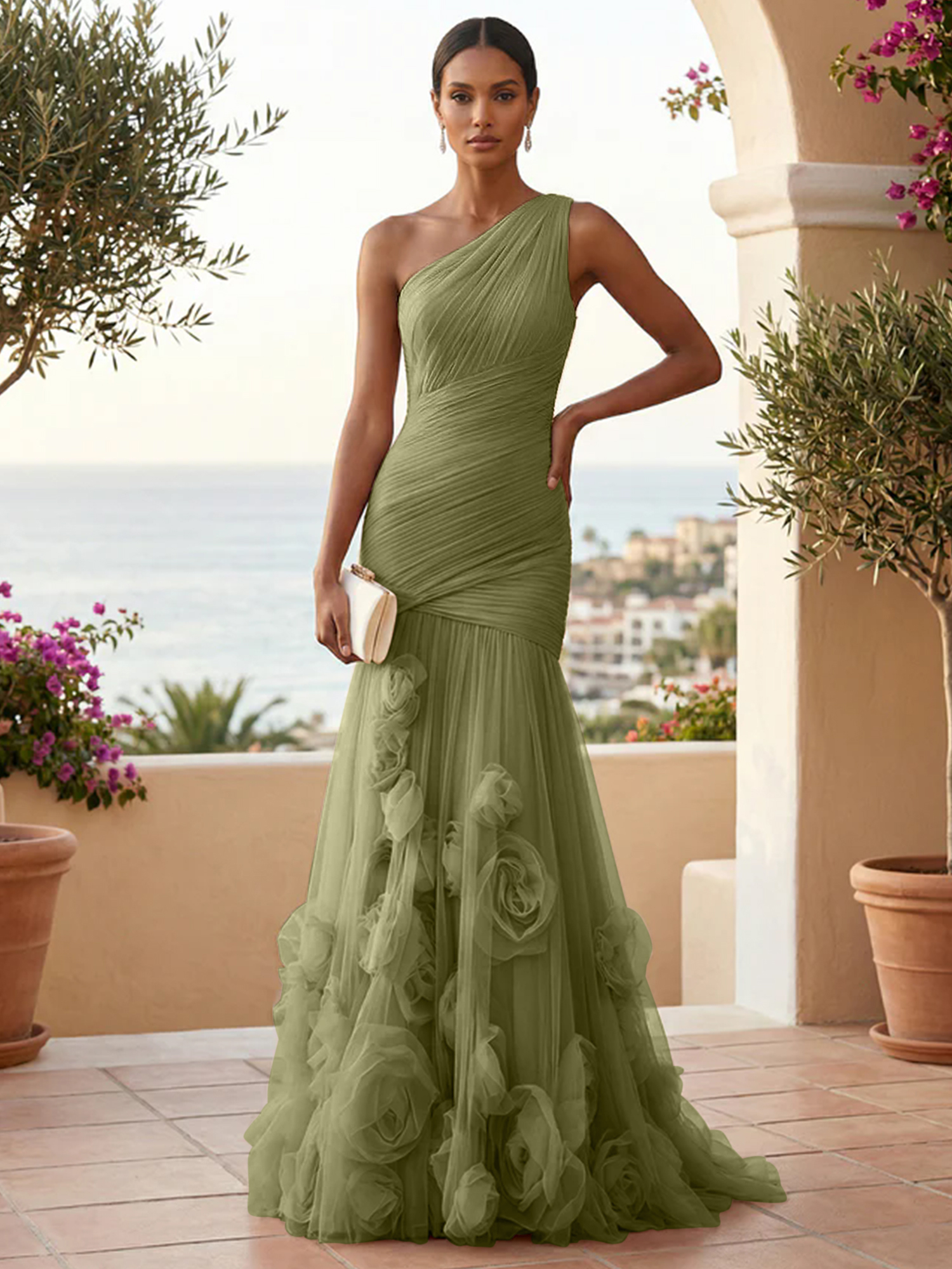 Sweetheart Tulle Pleat One Shoulder Mermaid Evening Dresses Gown with 3D Flower