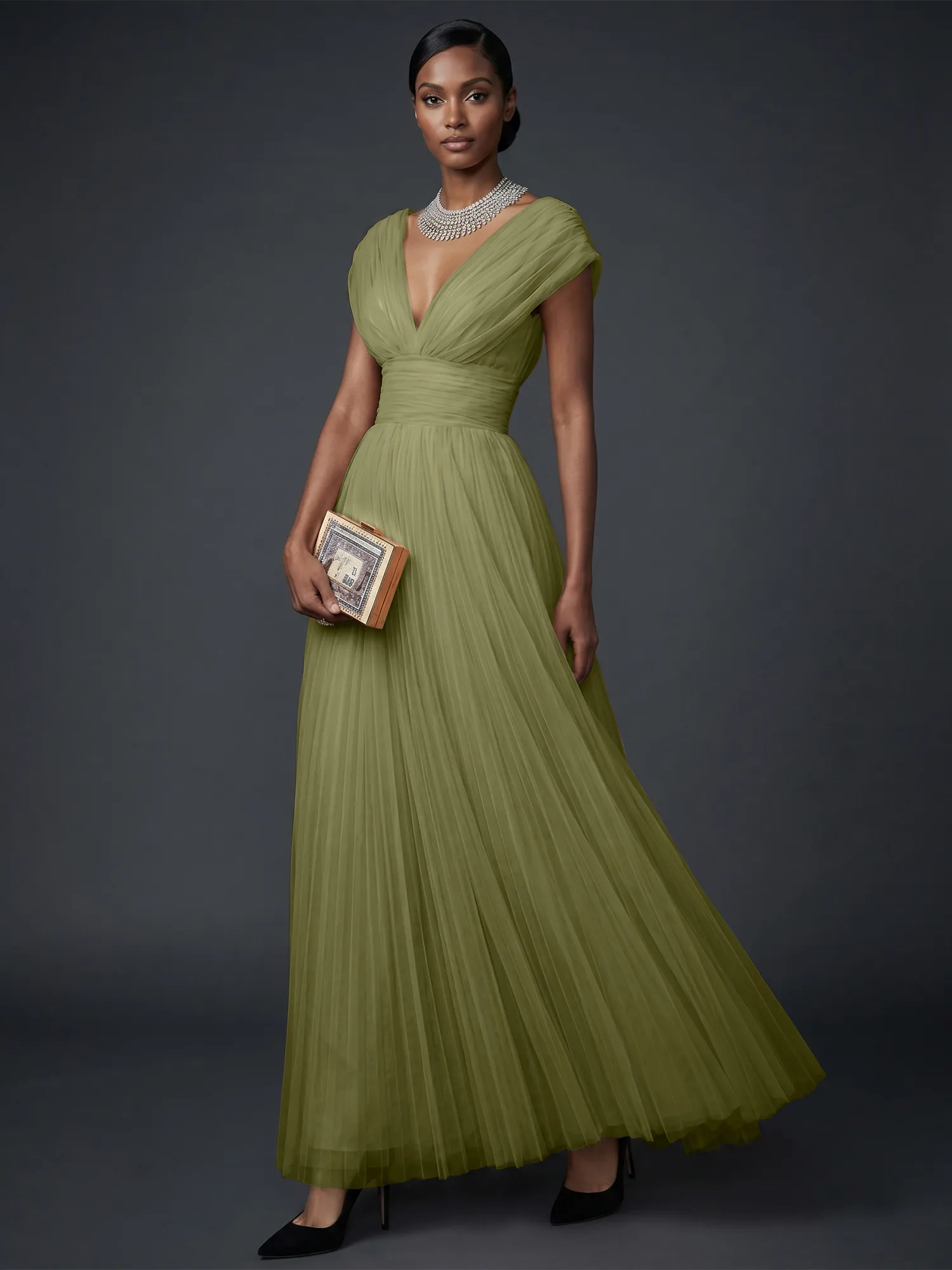 Draped V-Neck Pleated Tulle Evening Gown Maxi Dress