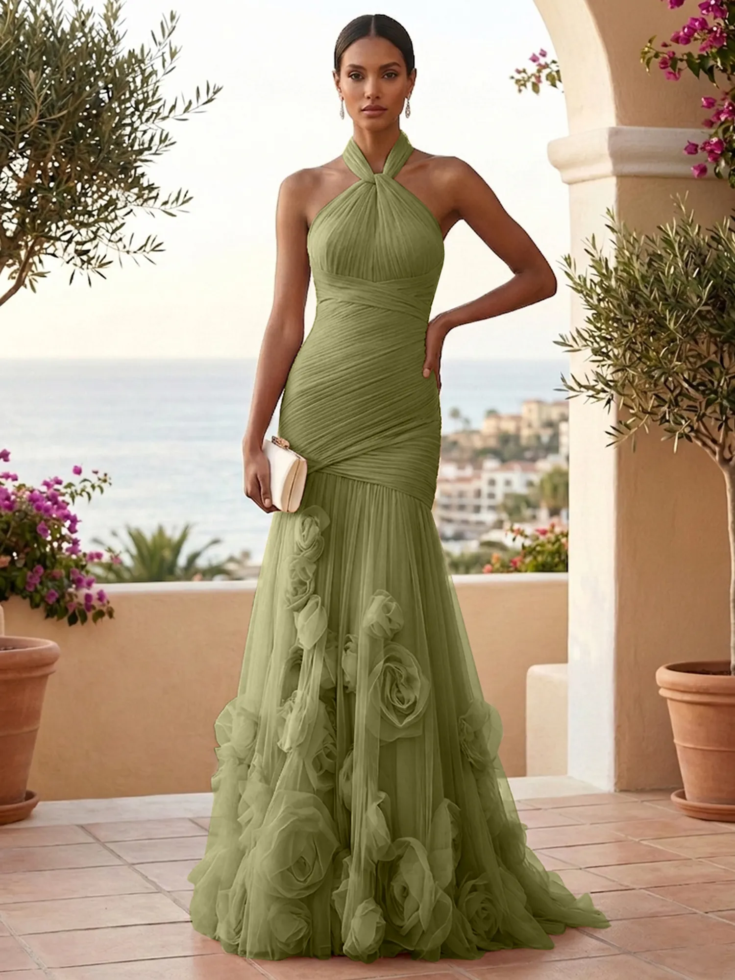 Halter Neck Ruched Tulle Mermaid Gown with 3D Floral Appliqués