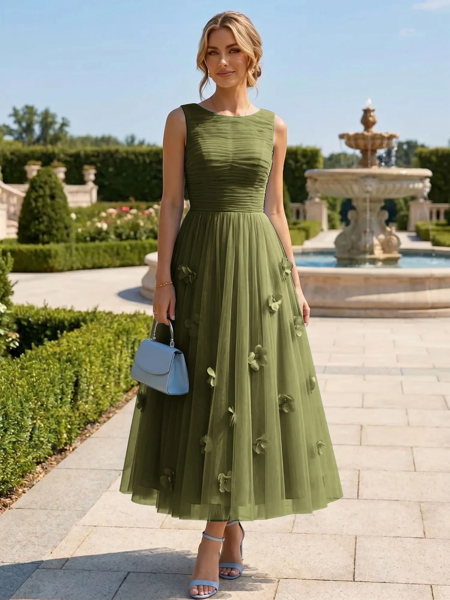 A Line Sleeveless Tulle Midi Dress with 3D Floral Appliqués