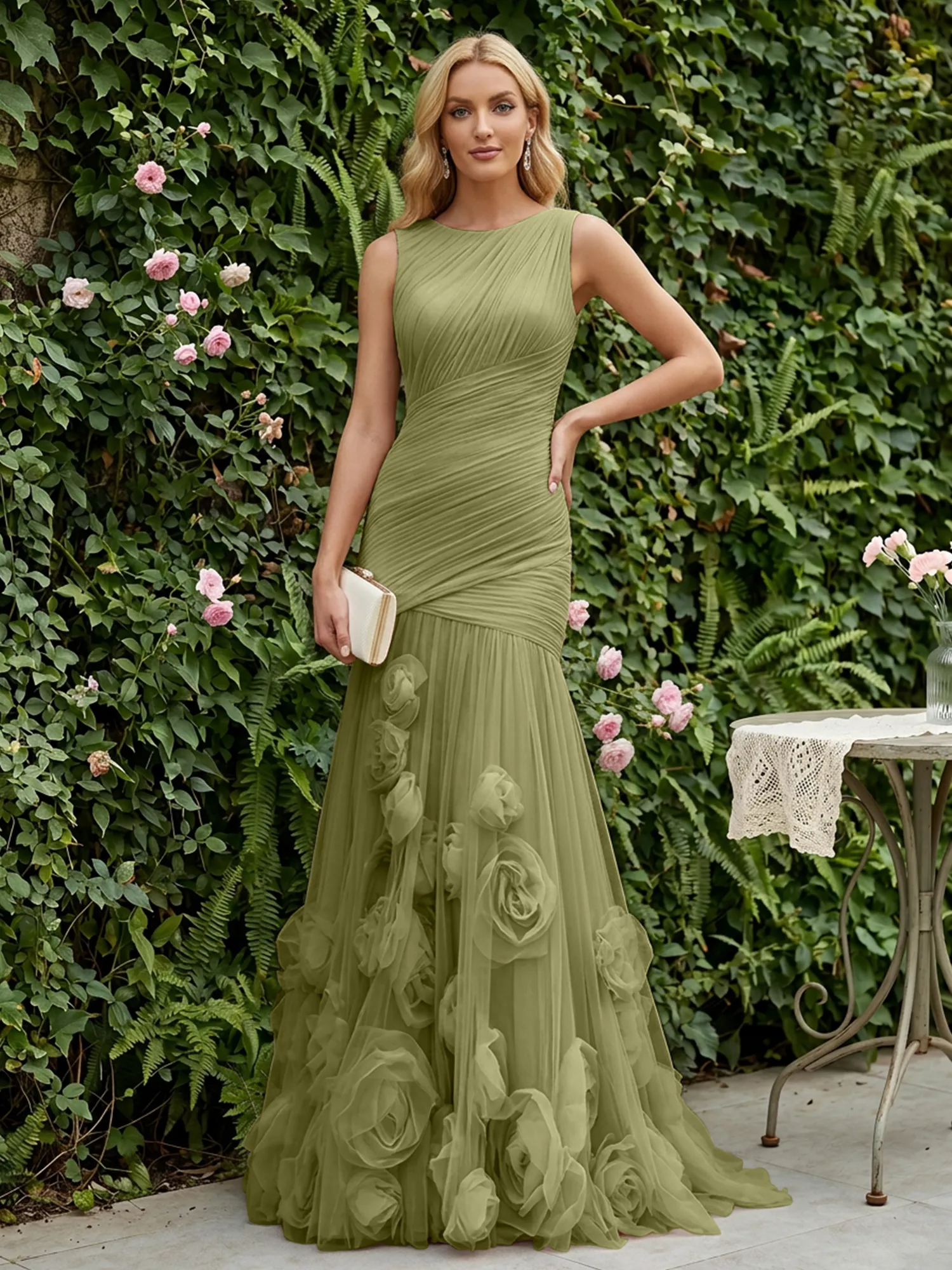 Round Neck Ruched Tulle Mermaid Gown with 3D Floral Appliqués