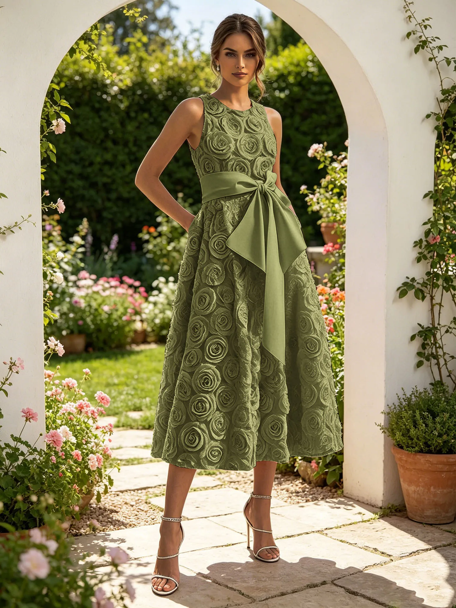 Sleeveless 3D Rose Midi Evening Dress with Satin Bow Sash