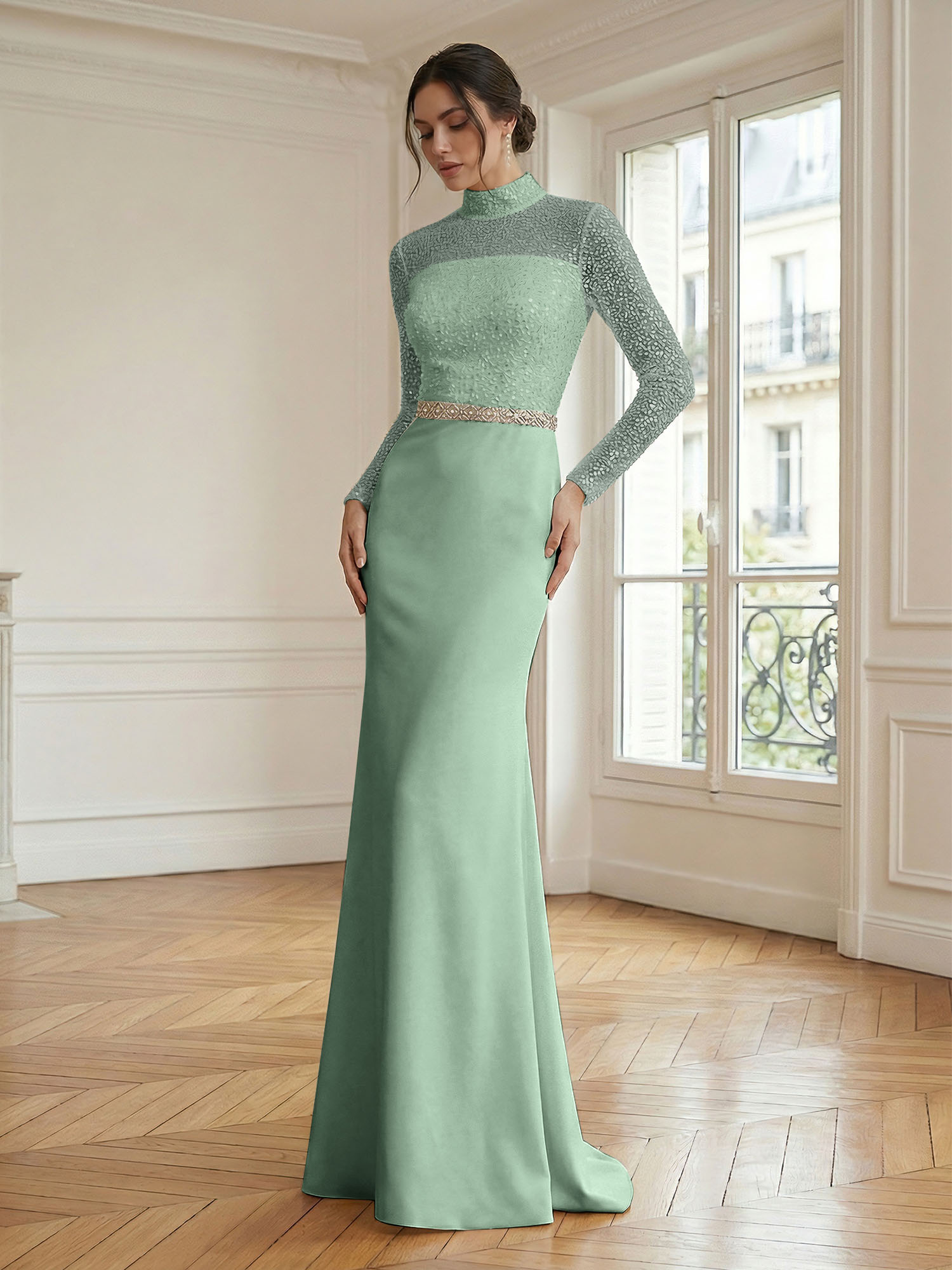 Formal Dress White Sheath Illusion Neck Beaded Chiffon Maxi Dress