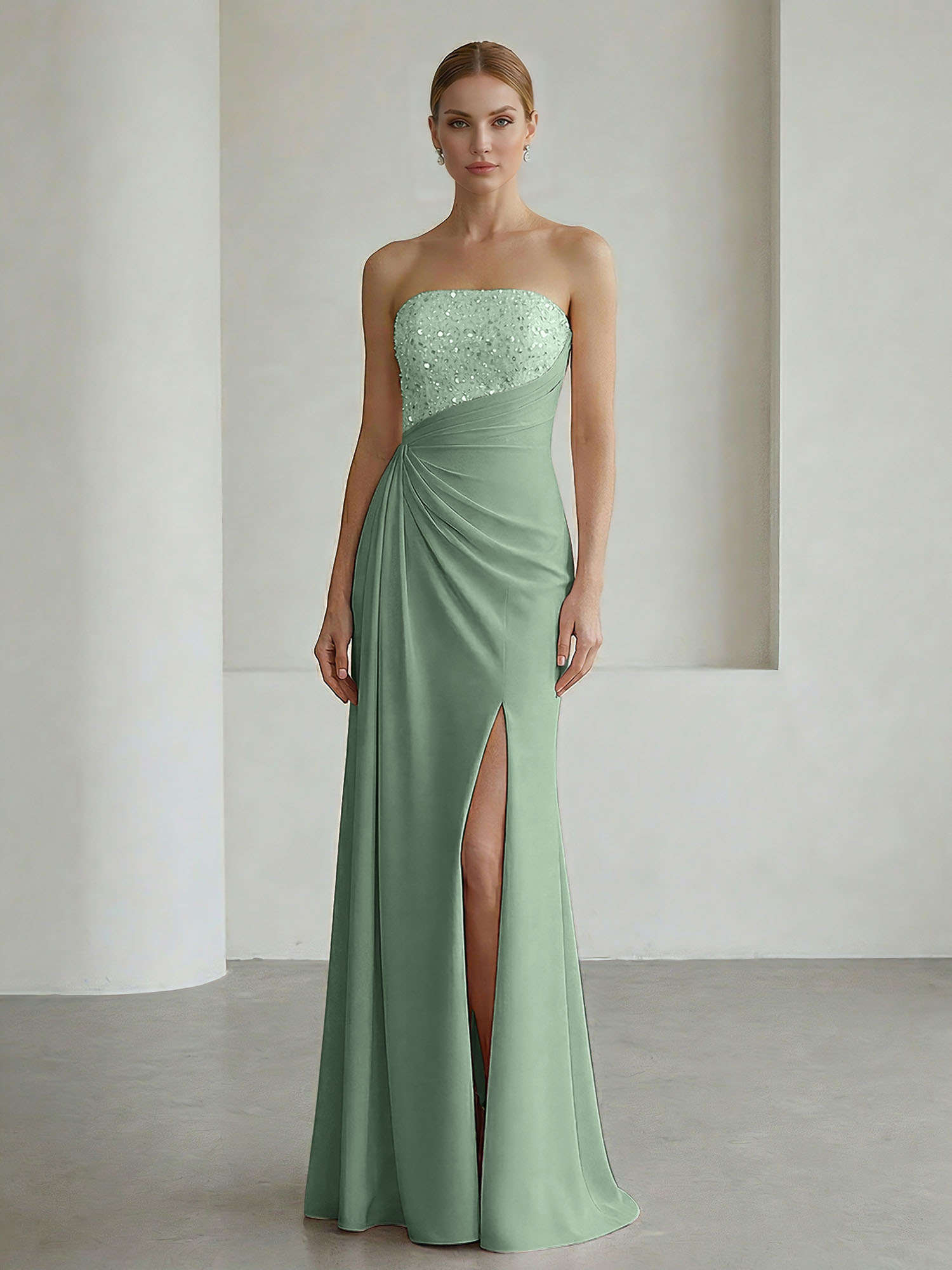 Glamorous Formal Evening Dress Soft Blush Beaded Strapless Slit Gown
